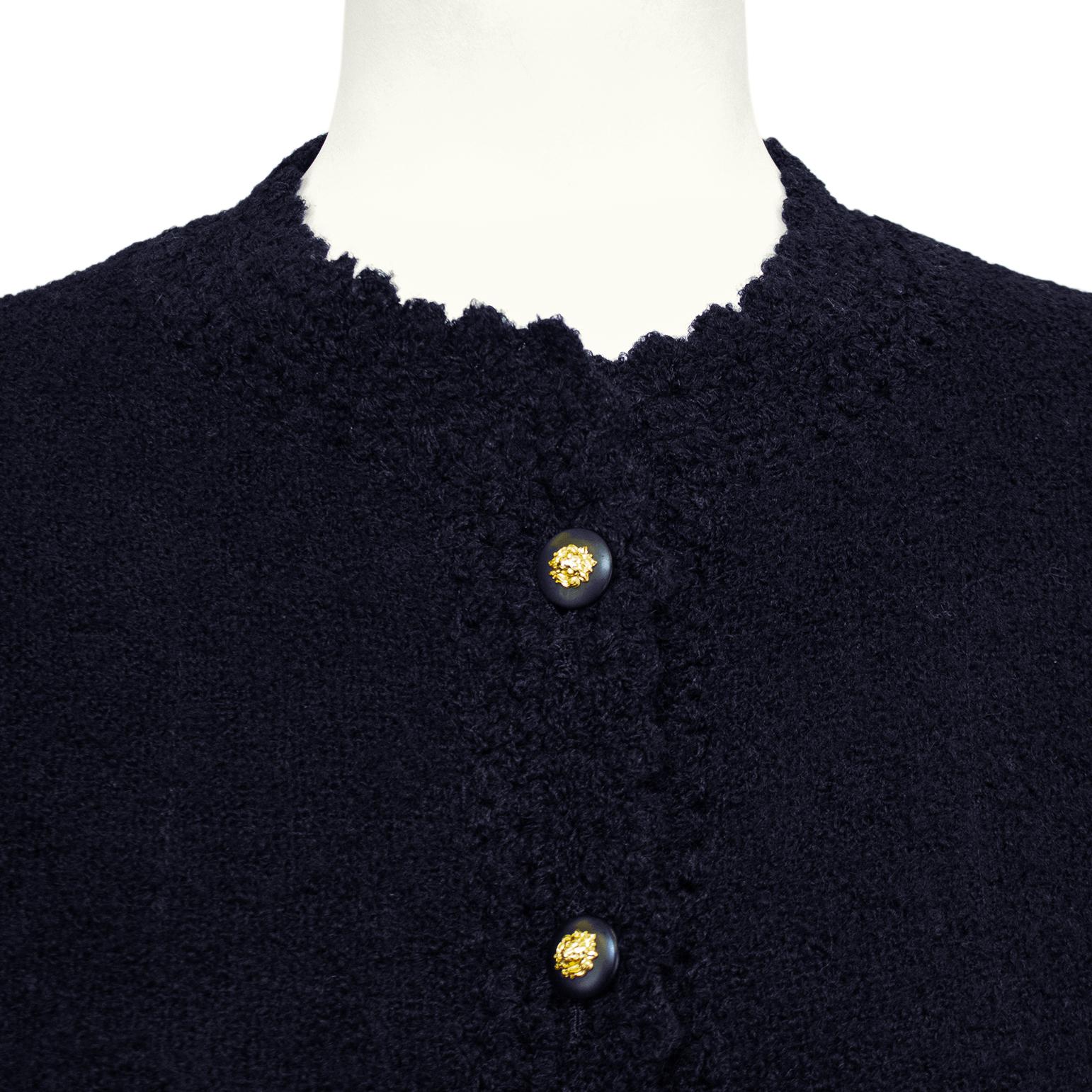 Women's Early 1980s Chanel Haute Couture Navy Blue Boucle Suit Made for Kitty D'Alessio