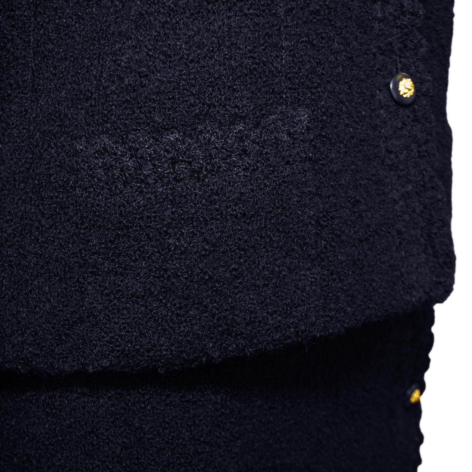 Early 1980s Chanel Haute Couture Navy Blue Boucle Suit Made for Kitty D'Alessio 3