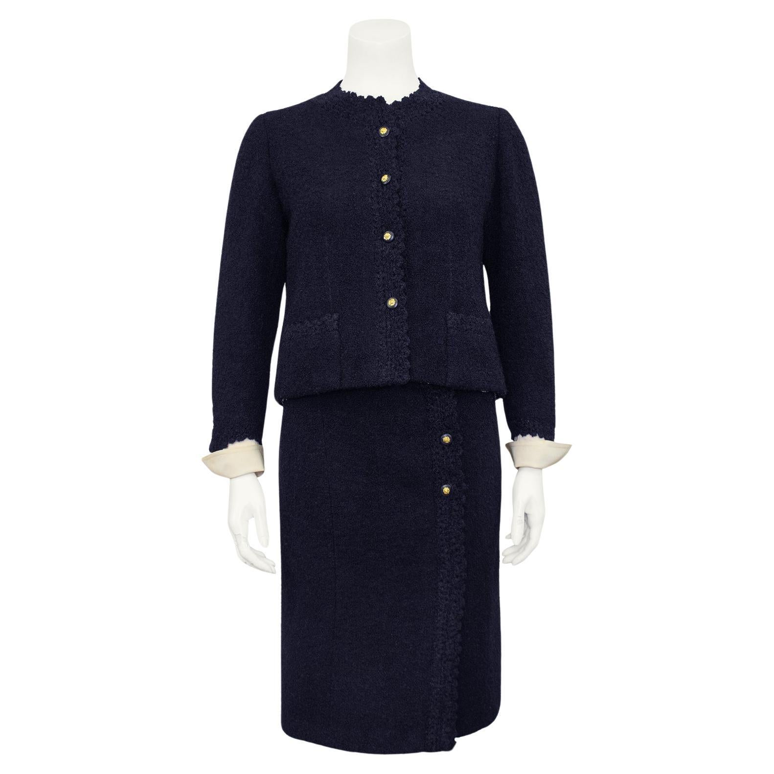 Early 1980s Chanel Haute Couture Navy Blue Boucle Suit Made for Kitty D'Alessio