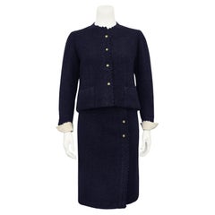 Early 1980s Chanel Haute Couture Navy Blue Boucle Suit Made for Kitty D'Alessio