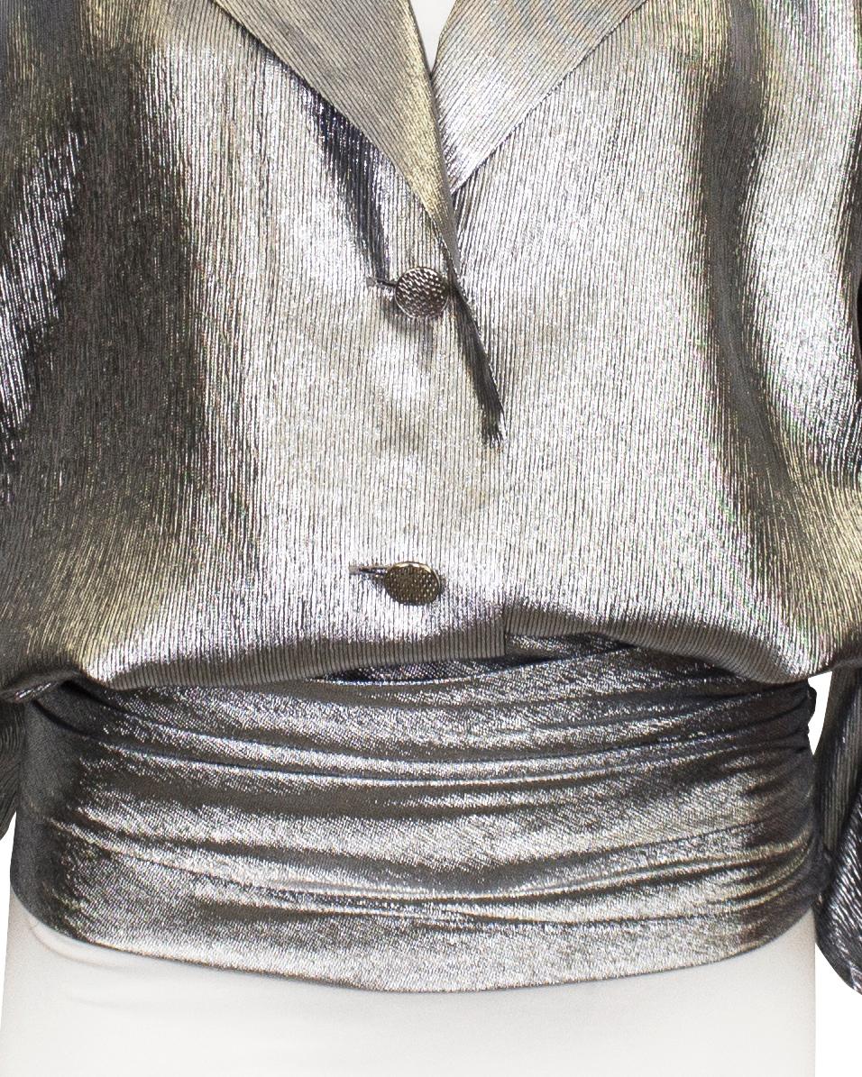 Early 1980's Collection Saint Laurent Rive Gauche Silver Lame Shirt & Cummerbund For Sale 1