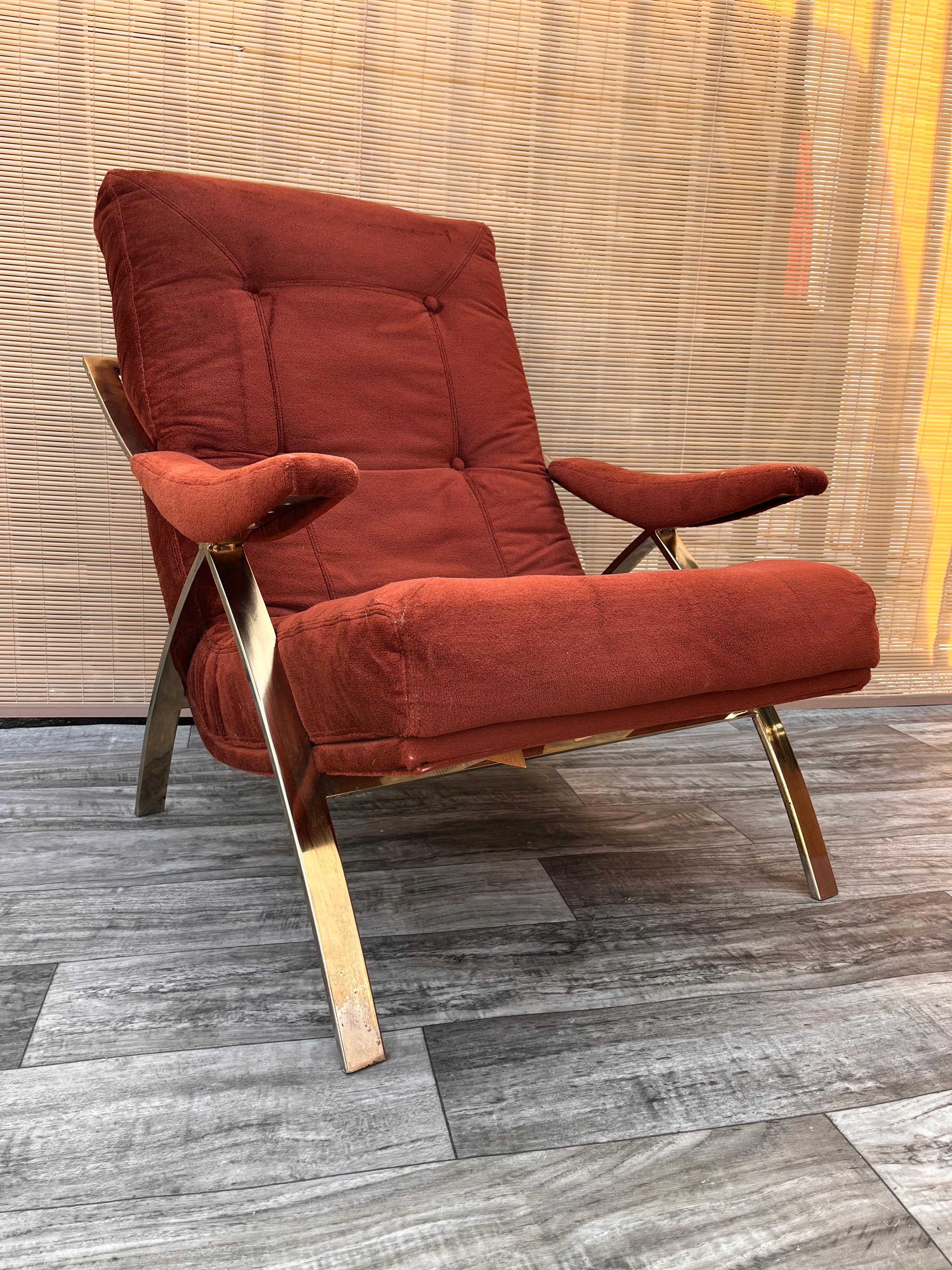 Vintage Mid-Century Modern Lounge chair by Carsons of High Point N.C. Dated 1982. 
Features a brass plated flat tube frame inspired by the chair designs of Milo Baughman and the Barcelona Chair by Mies Van der Rohe.
The chair comes with the