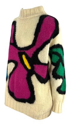 Early 1980s Thierry Mugler Bright Abstract Floral Off-White Thick Knit Sweater