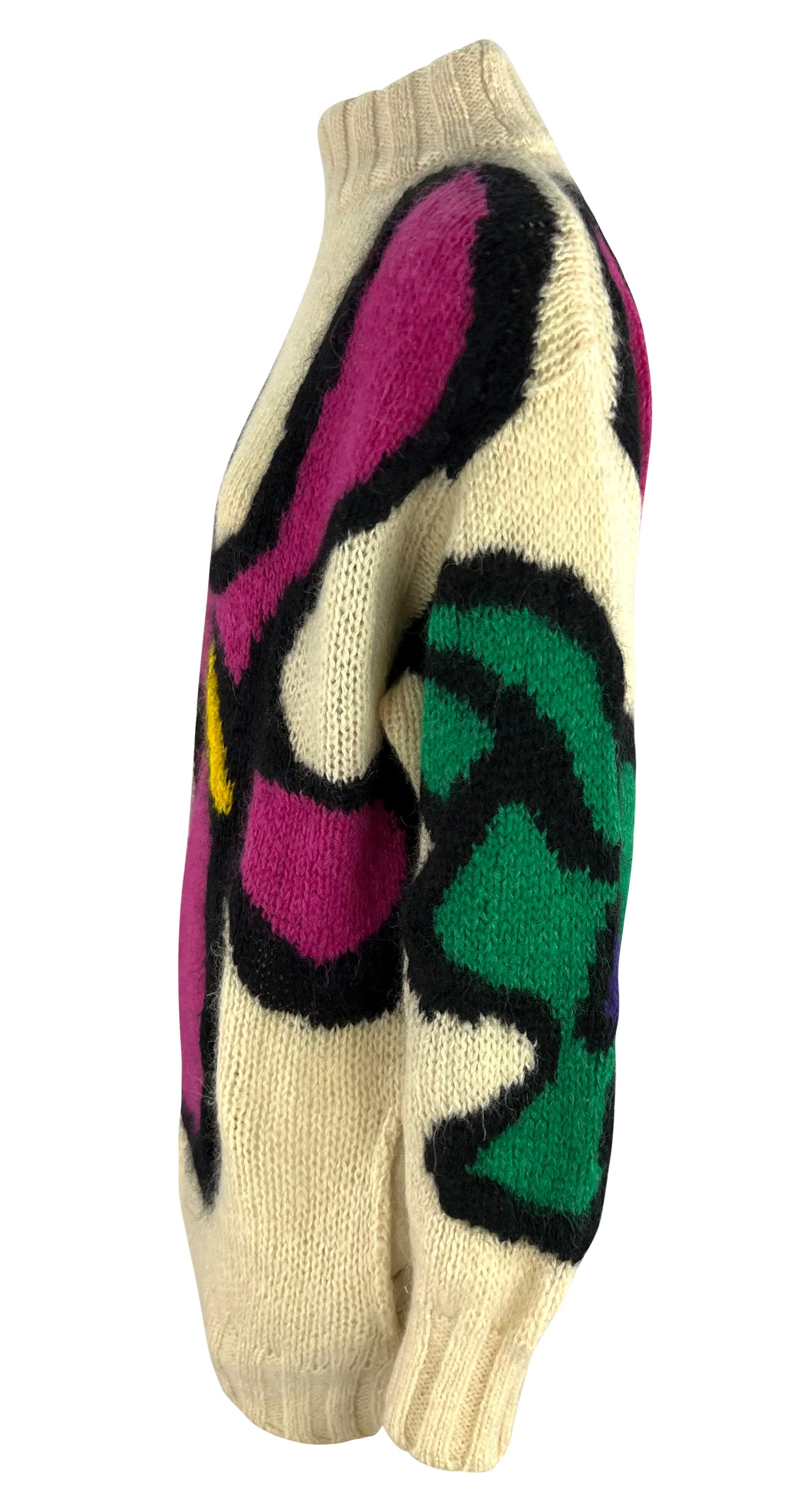 Beige Early 1980s Thierry Mugler Bright Abstract Floral Off-White Thick Knit Sweater For Sale