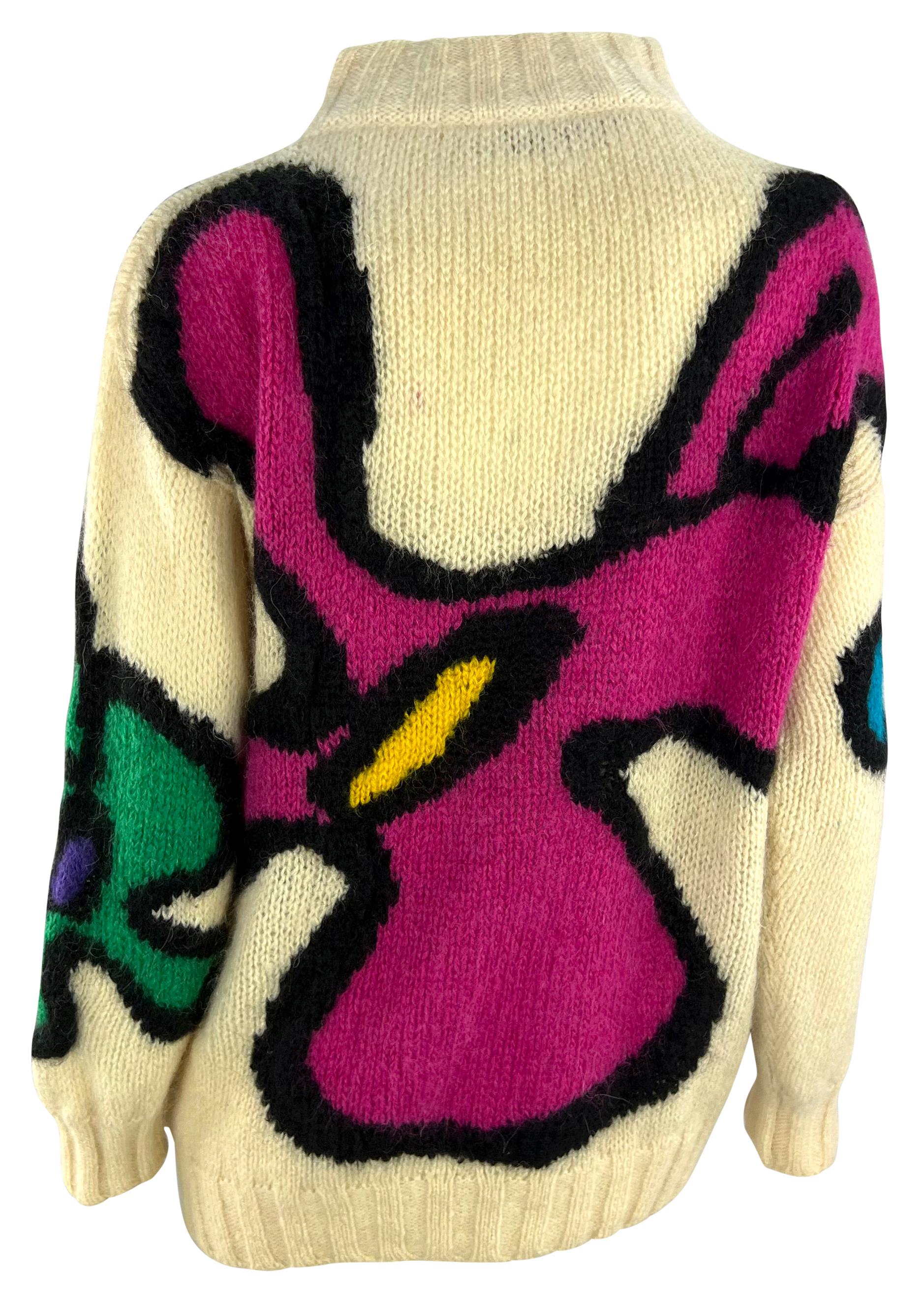 Early 1980s Thierry Mugler Bright Abstract Floral Off-White Thick Knit Sweater In Excellent Condition For Sale In West Hollywood, CA