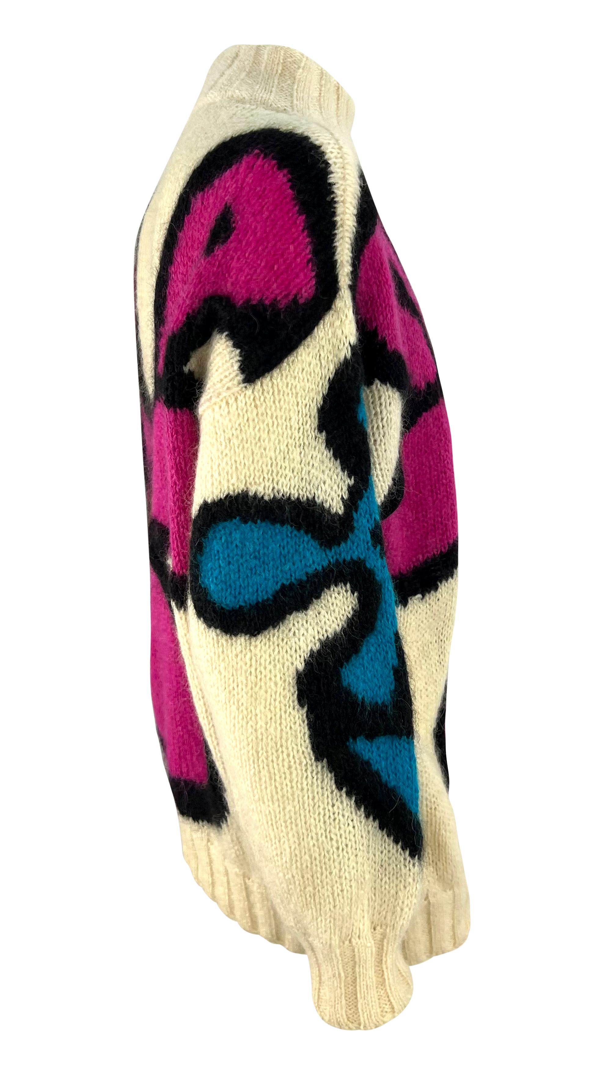 Women's Early 1980s Thierry Mugler Bright Abstract Floral Off-White Thick Knit Sweater For Sale