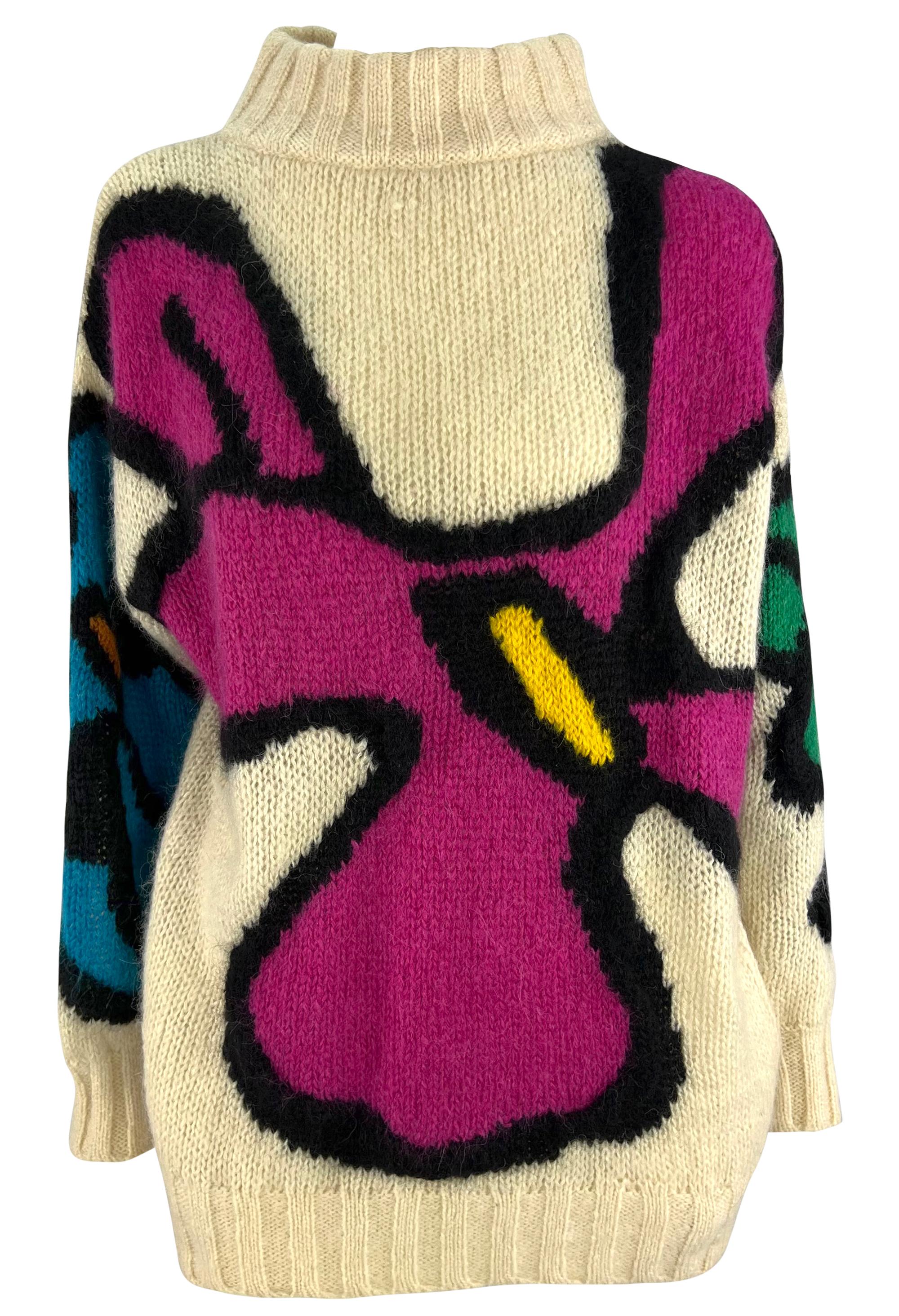 Early 1980s Thierry Mugler Bright Abstract Floral Off-White Thick Knit Sweater For Sale 2
