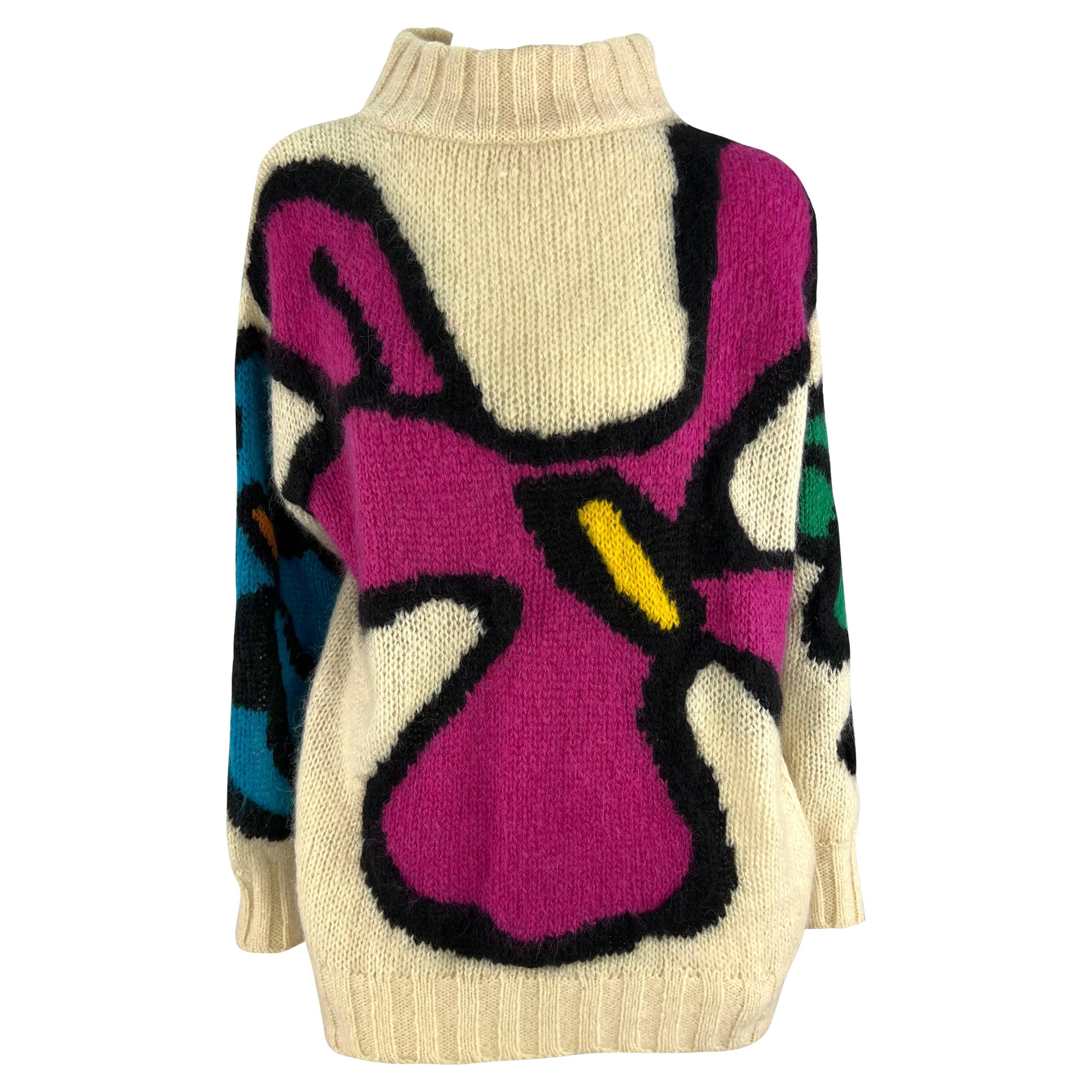 Early 1980s Thierry Mugler Bright Abstract Floral Off-White Thick Knit Sweater For Sale