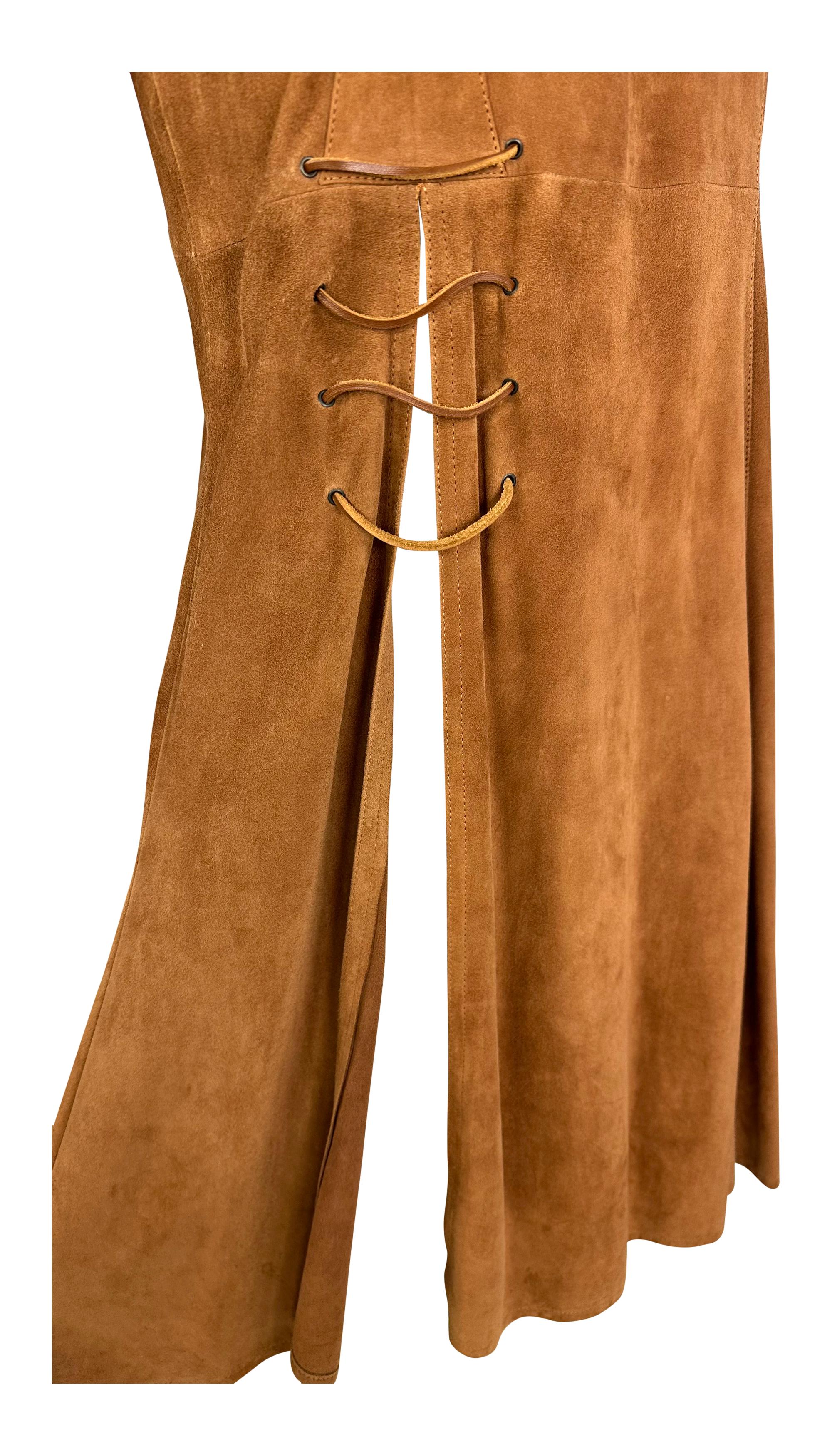 Thierry Mugler Anfang der 1980er Jahre Brown Suede Belted Lace-Up Flare Leather Maxi Dress im Zustand „Hervorragend“ im Angebot in West Hollywood, CA