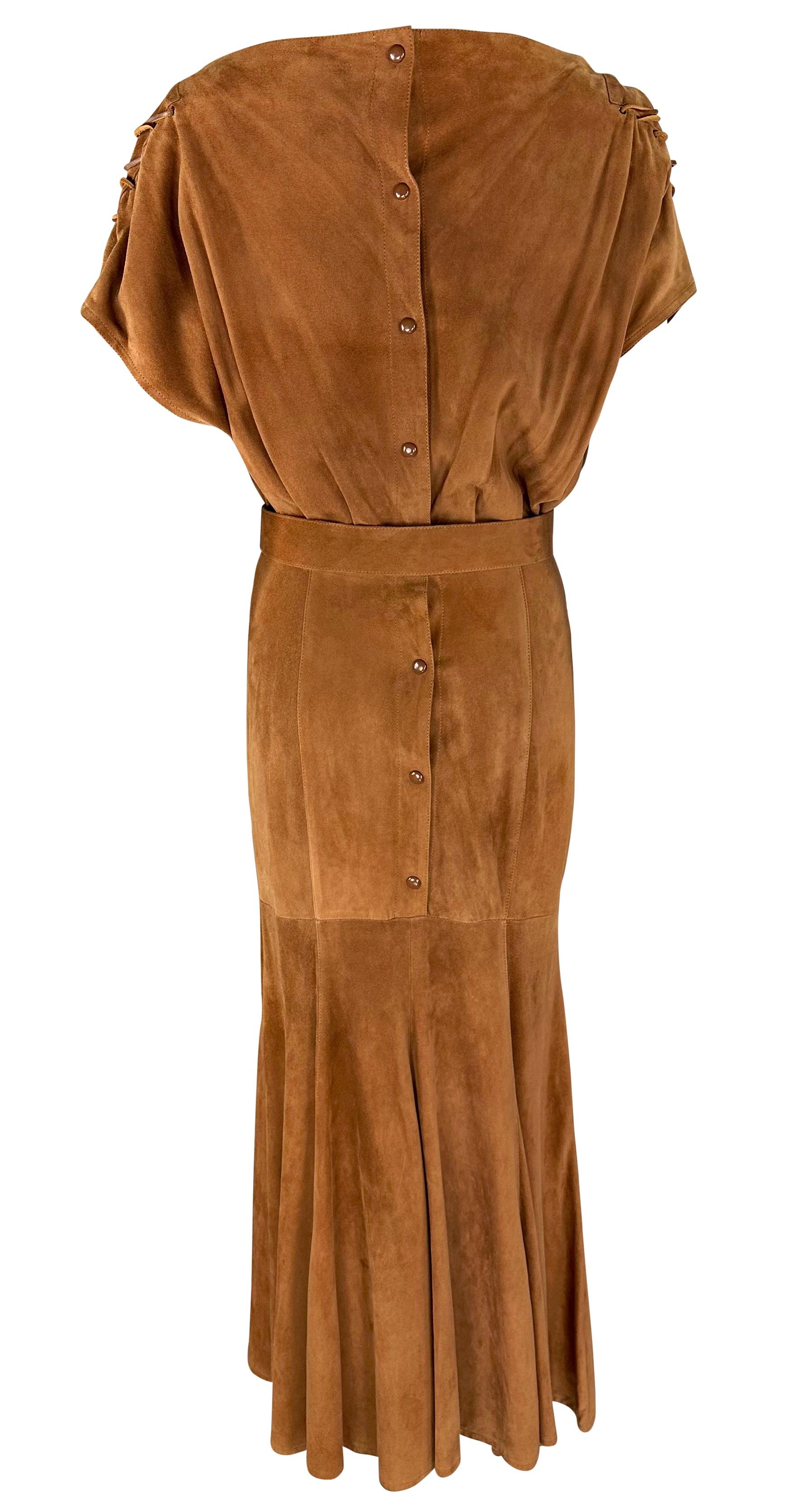 Thierry Mugler Anfang der 1980er Jahre Brown Suede Belted Lace-Up Flare Leather Maxi Dress Damen im Angebot