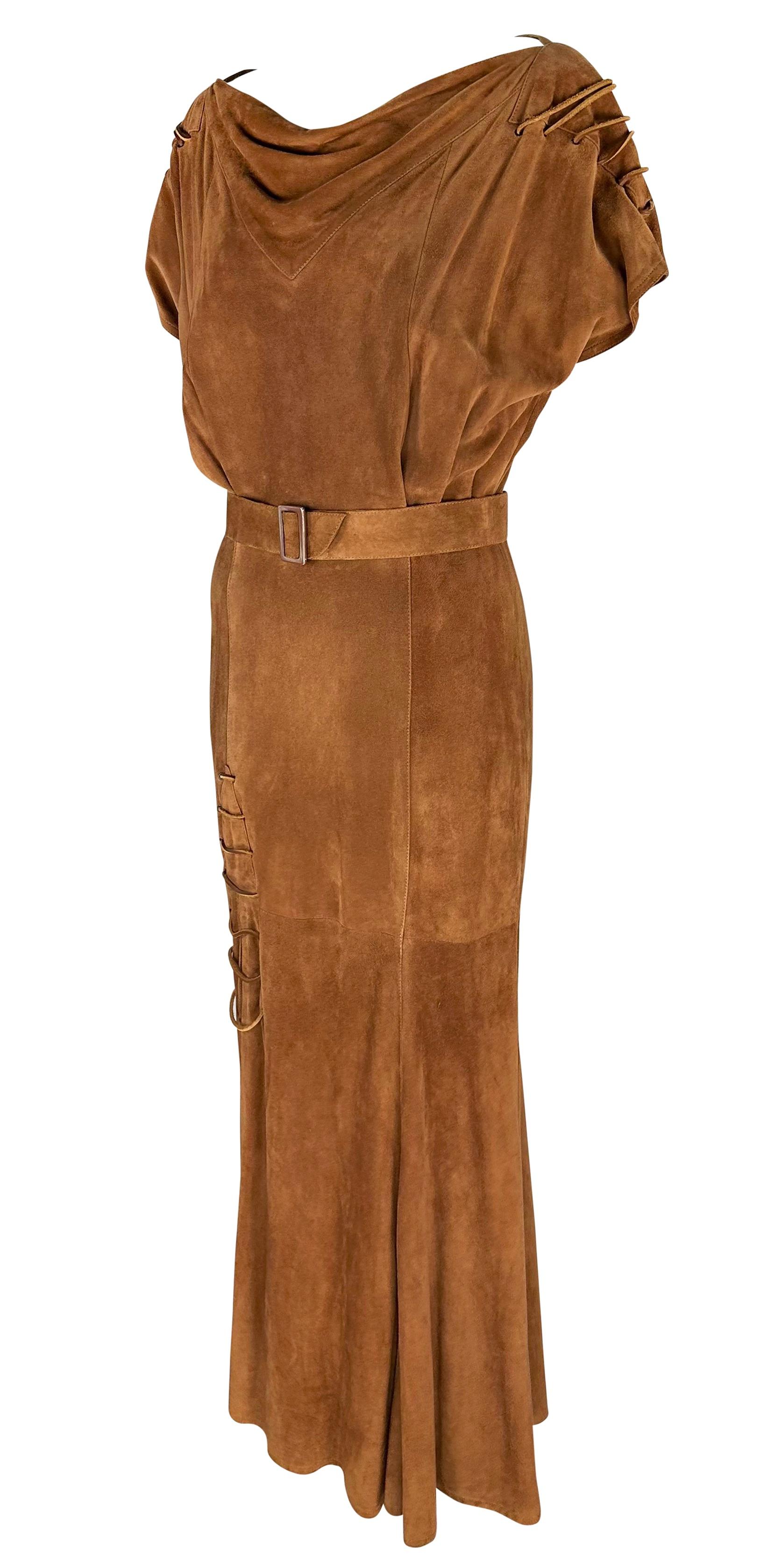 Early 1980s Thierry Mugler Brown Suede Belted Lace-Up Flare Leather Maxi Dress For Sale 2