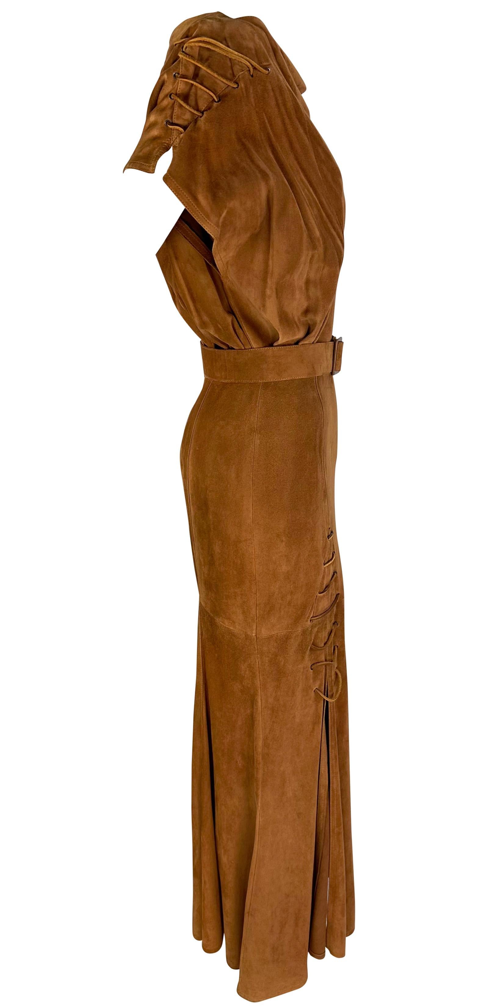 Early 1980s Thierry Mugler Brown Suede Belted Lace-Up Flare Leather Maxi Dress For Sale 3