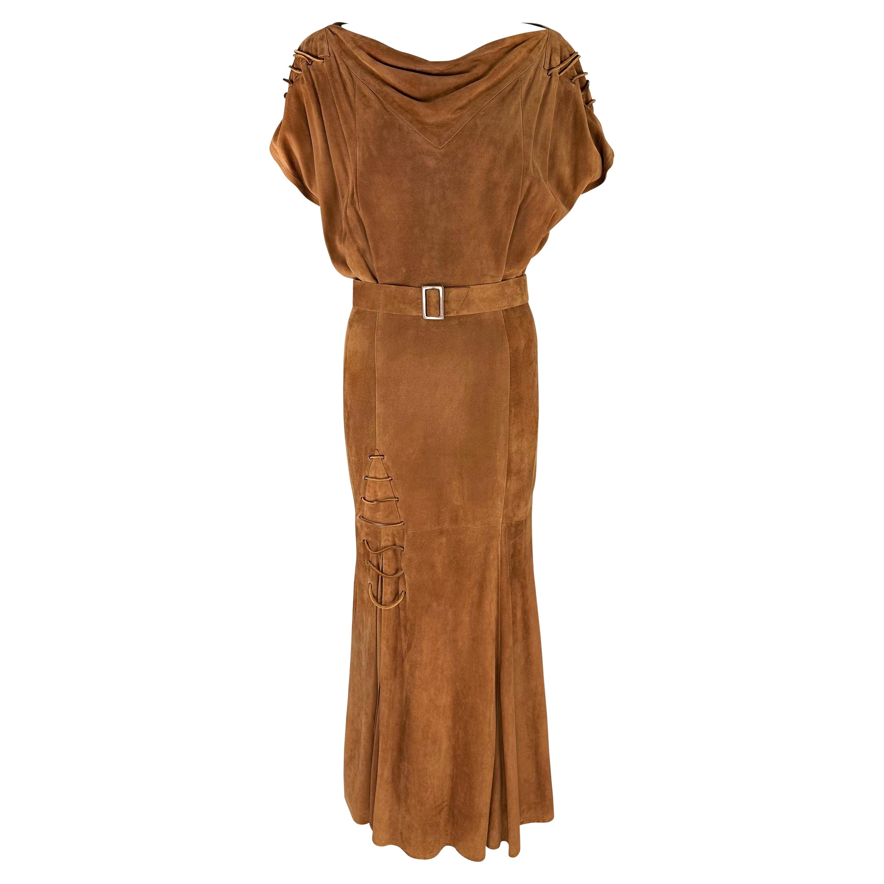 Early 1980s Thierry Mugler Brown Suede Belted Lace-Up Flare Leather Maxi Dress For Sale