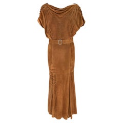 Vintage Early 1980s Thierry Mugler Brown Suede Belted Lace-Up Flare Leather Maxi Dress