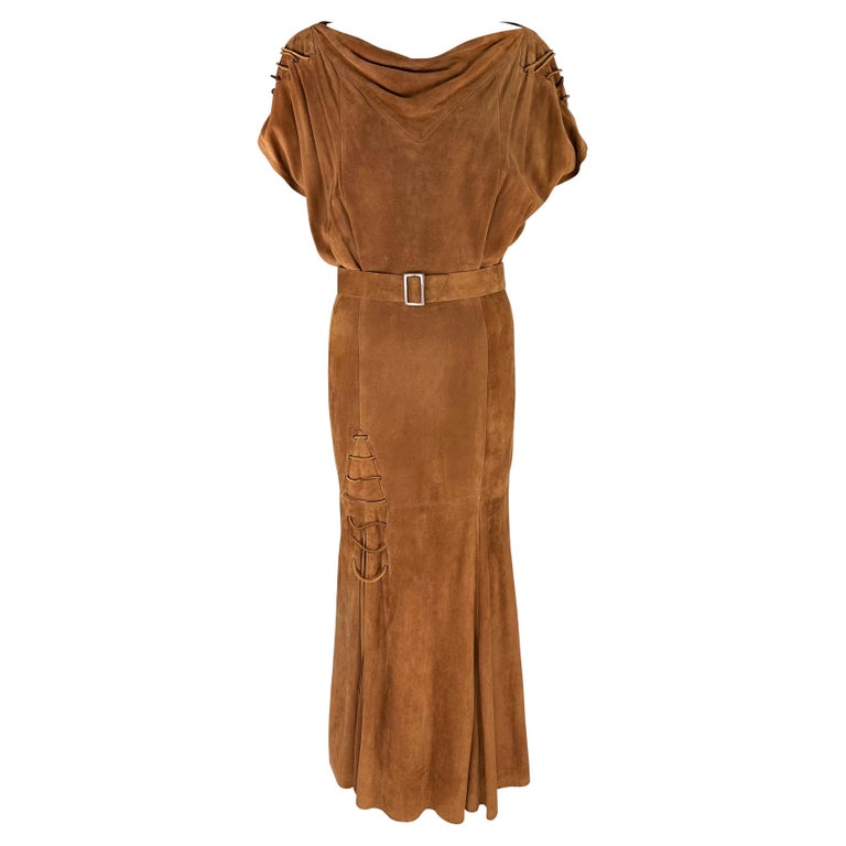 Early 1980s Thierry Mugler Brown Suede Belted Lace-Up Flare Leather Maxi  Dress For Sale at 1stDibs
