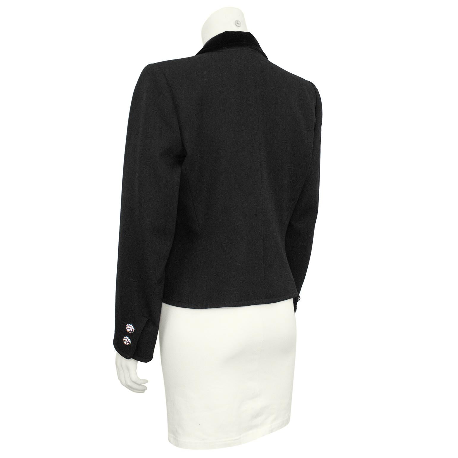 Early 1980s YSL Black Cropped Blazer with Velvet Lapel and Crystal Accents In Good Condition For Sale In Toronto, Ontario
