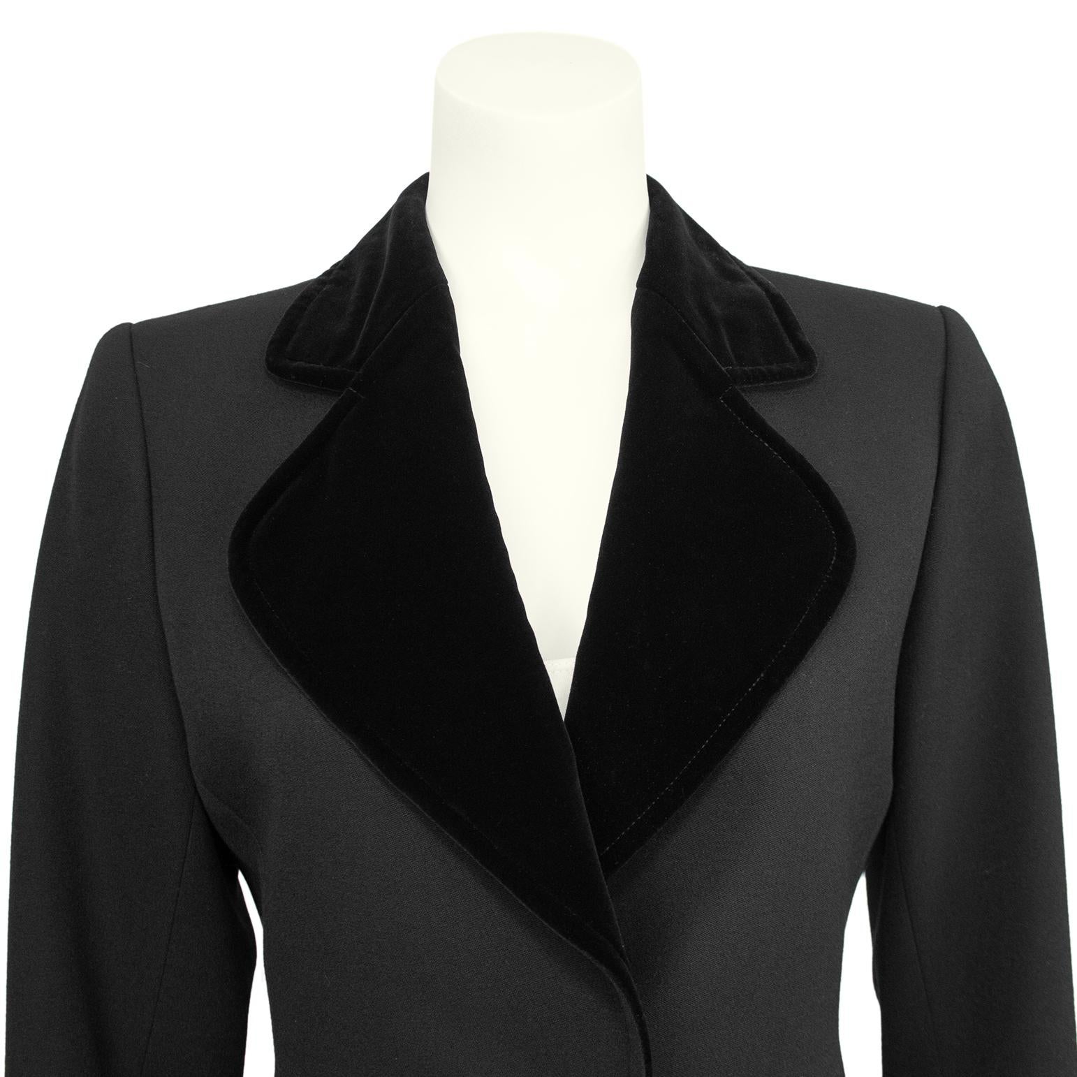 Women's Early 1980s YSL Black Cropped Blazer with Velvet Lapel and Crystal Accents For Sale