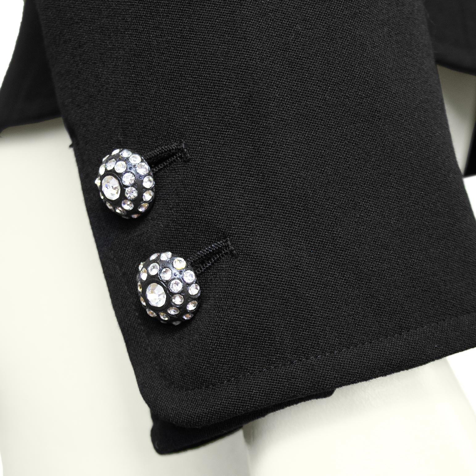 Early 1980s YSL Black Cropped Blazer with Velvet Lapel and Crystal Accents For Sale 1