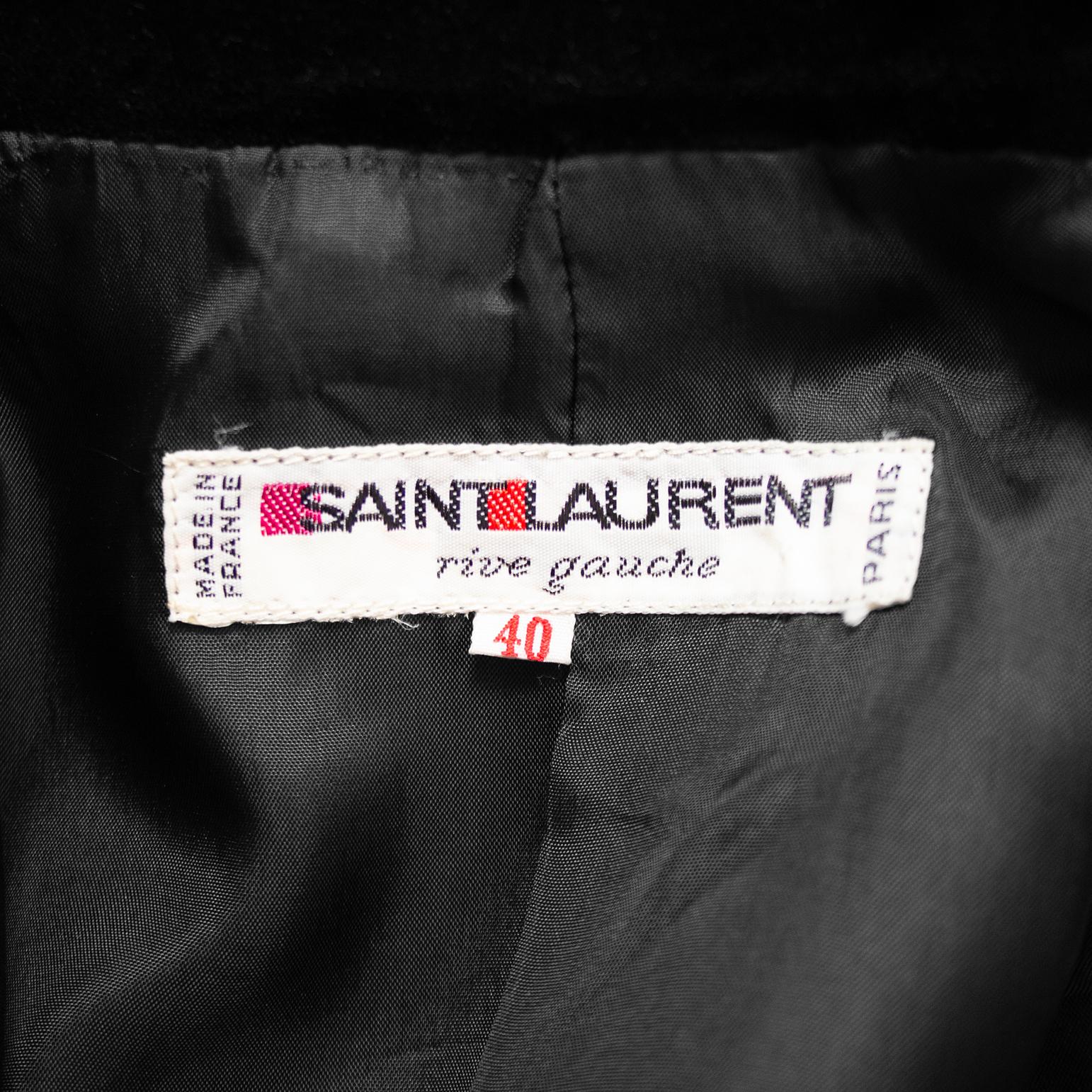 Early 1980s YSL Black Cropped Blazer with Velvet Lapel and Crystal Accents For Sale 3