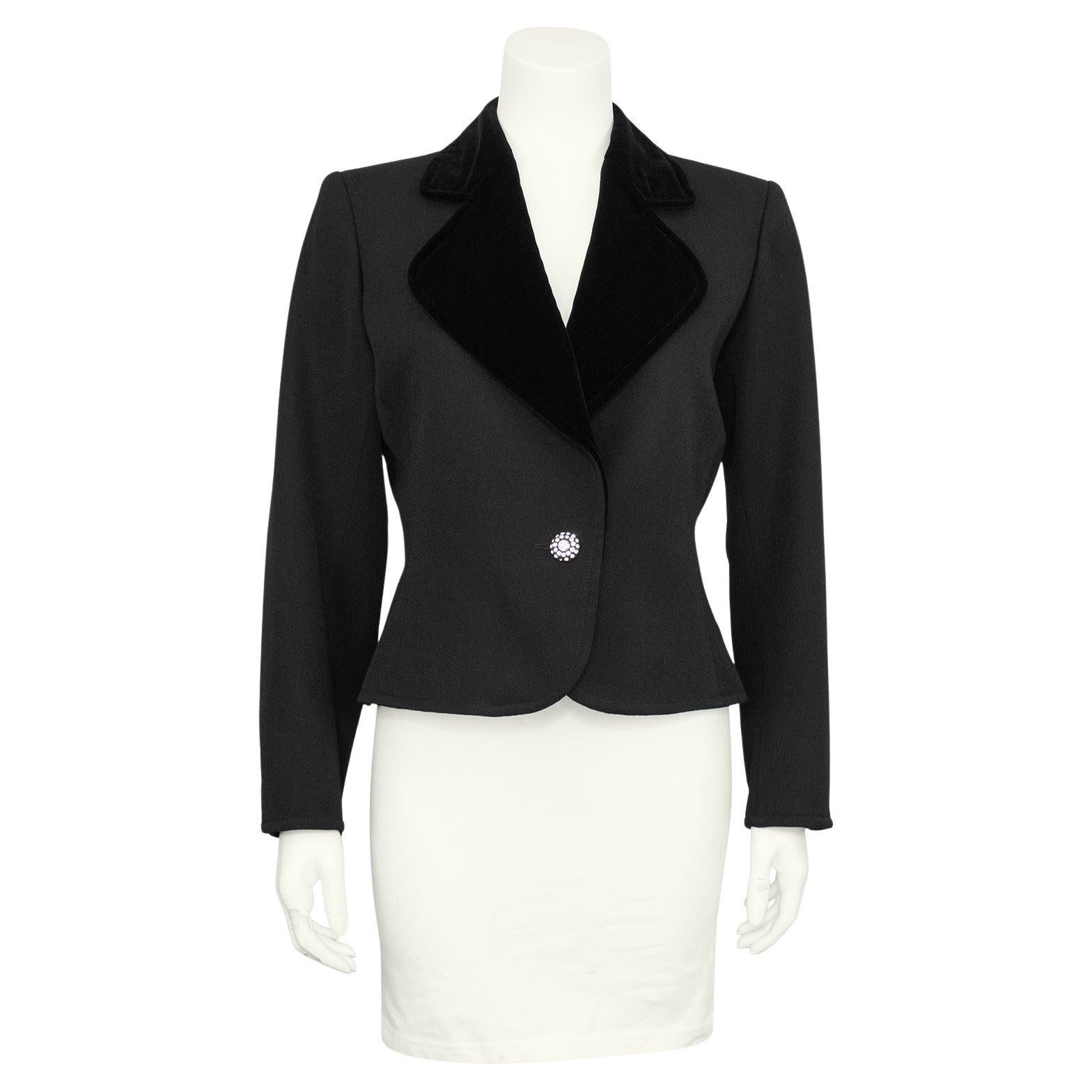 Early 1980s YSL Black Cropped Blazer with Velvet Lapel and Crystal Accents For Sale