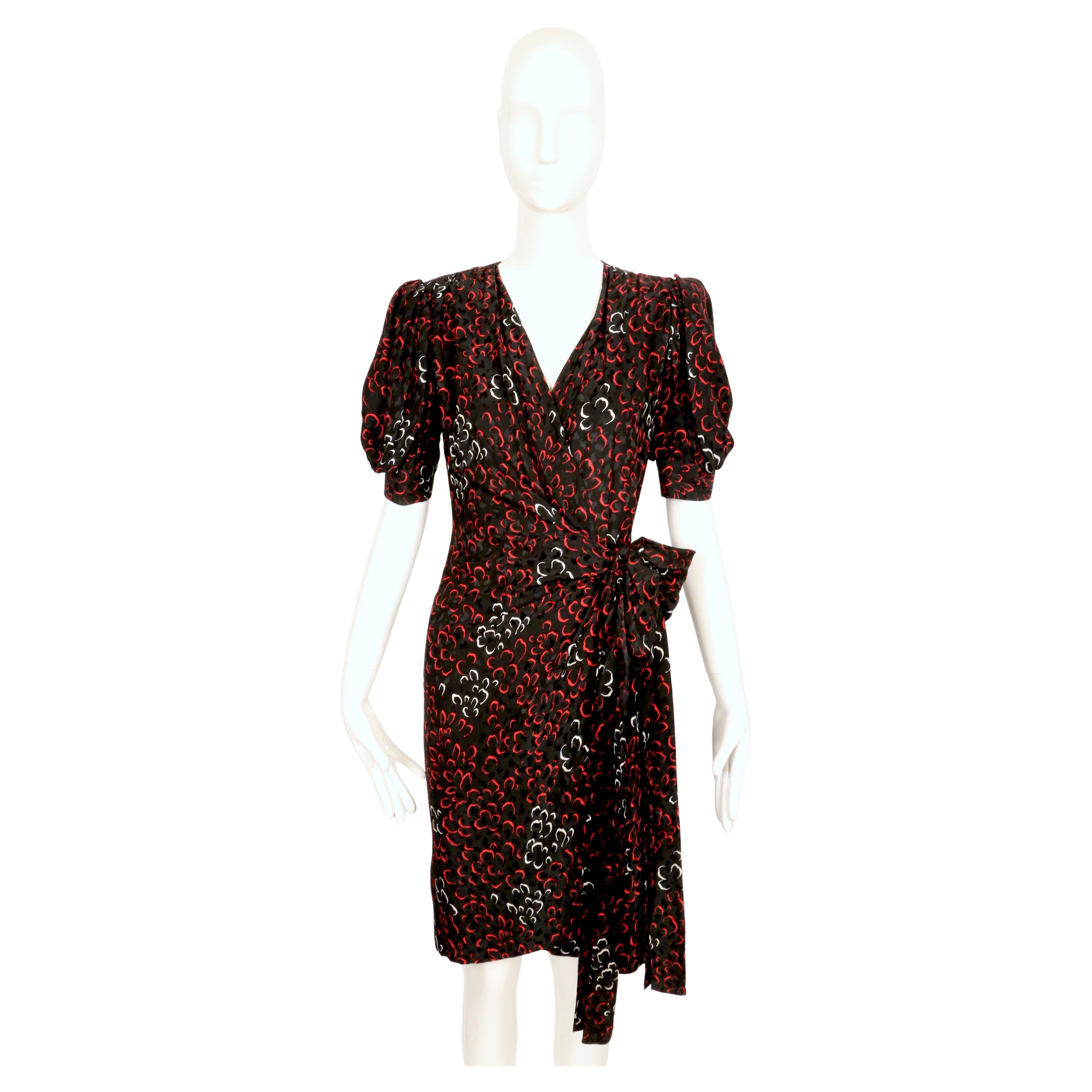 Black early 1980's YVES SAINT LAURENT abstract woven silk wrap dress with puff sleeves For Sale