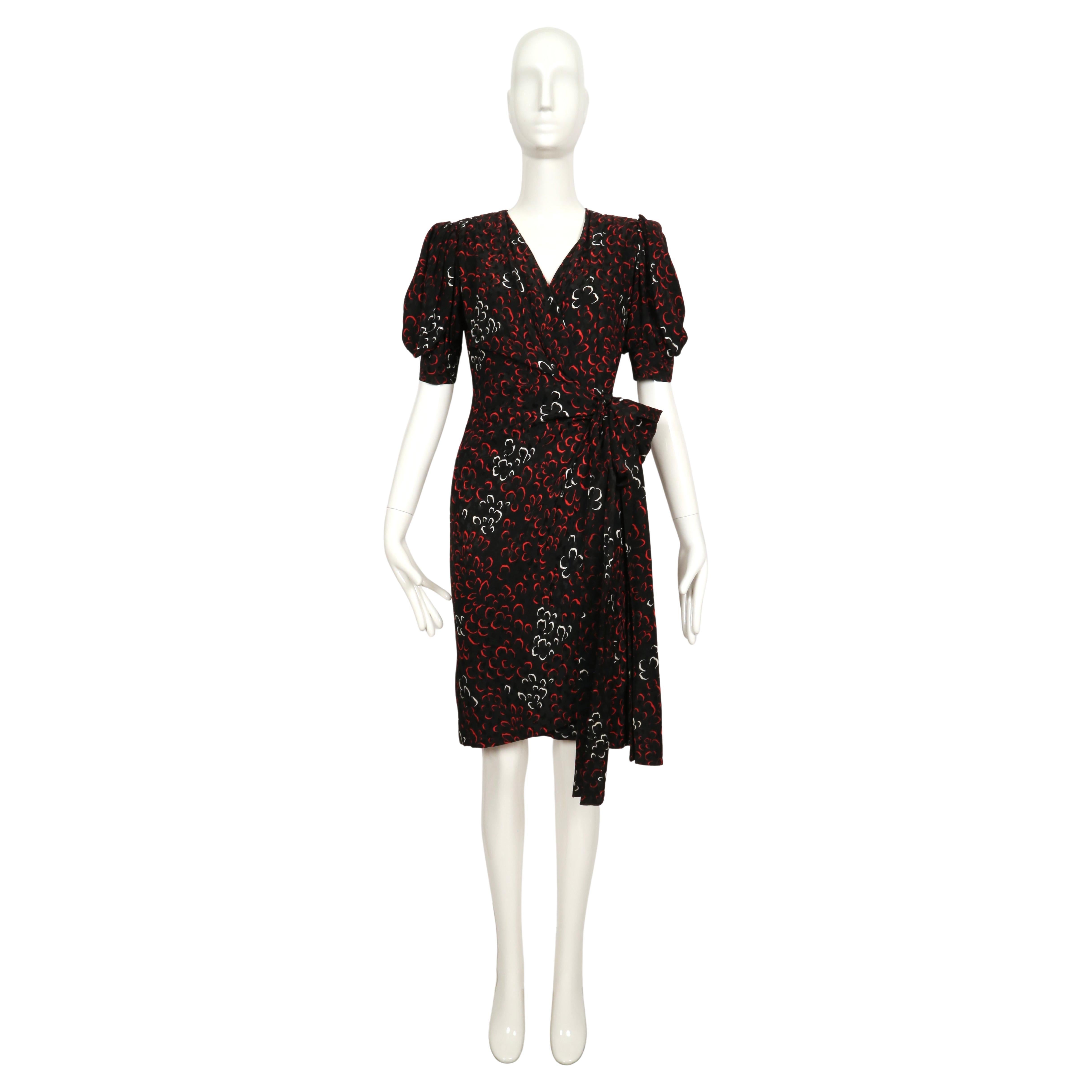 early 1980's YVES SAINT LAURENT abstract woven silk wrap dress with puff sleeves In Good Condition For Sale In San Fransisco, CA
