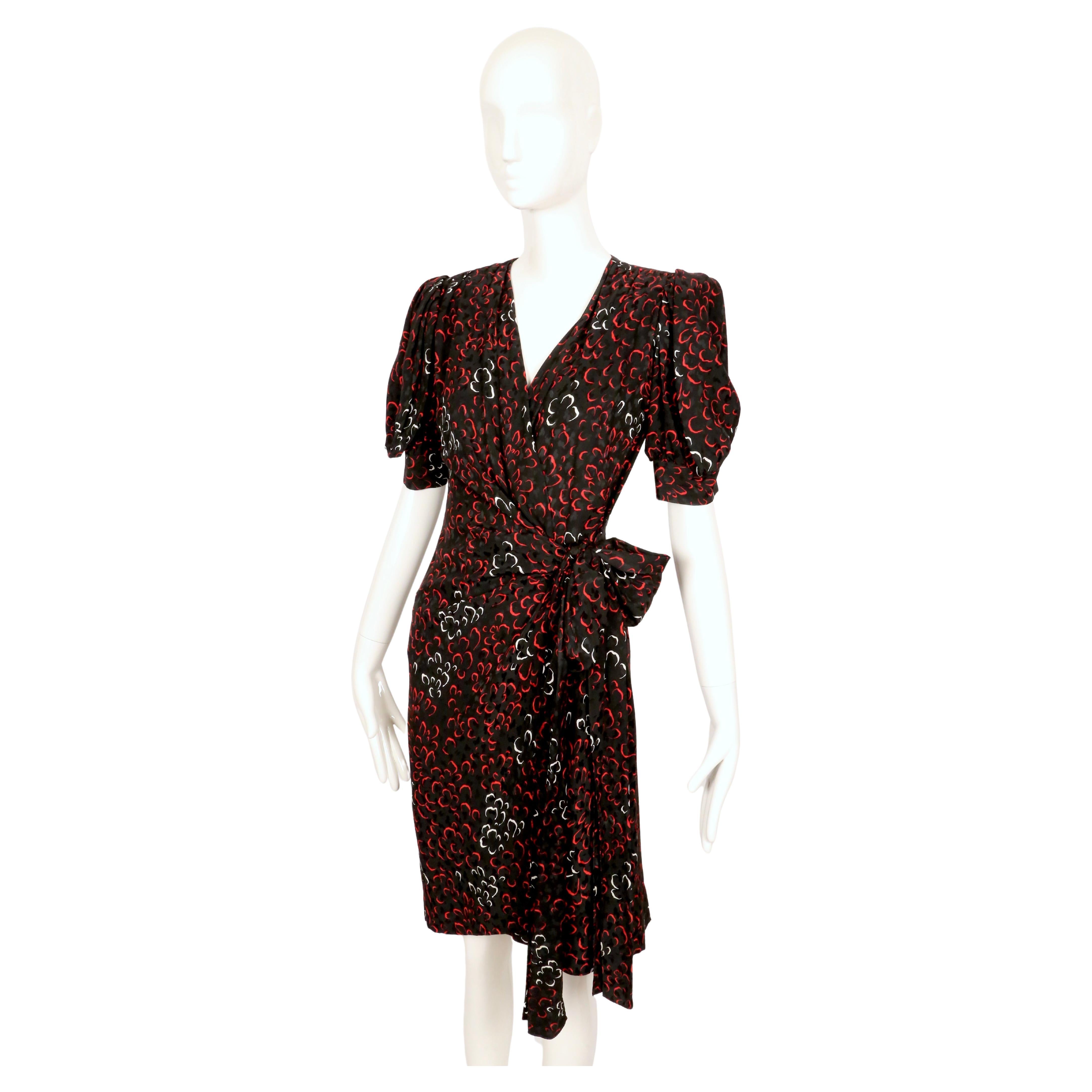 Women's or Men's early 1980's YVES SAINT LAURENT abstract woven silk wrap dress with puff sleeves For Sale