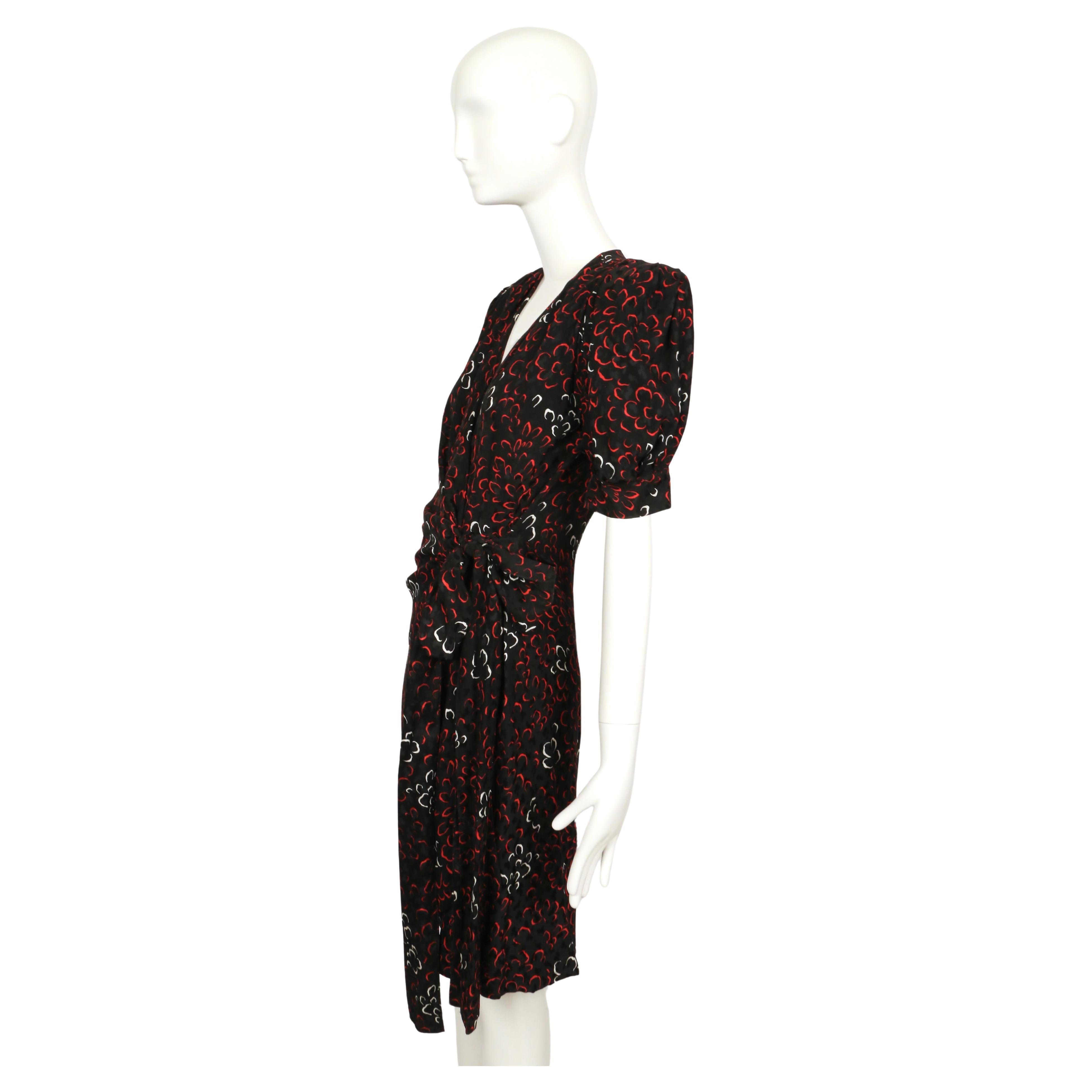 early 1980's YVES SAINT LAURENT abstract woven silk wrap dress with puff sleeves For Sale 1