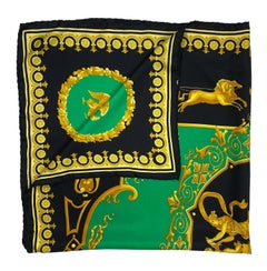 Early 1990s Atelier Versace Green and Gold Baroque Print Square Silk Scarf