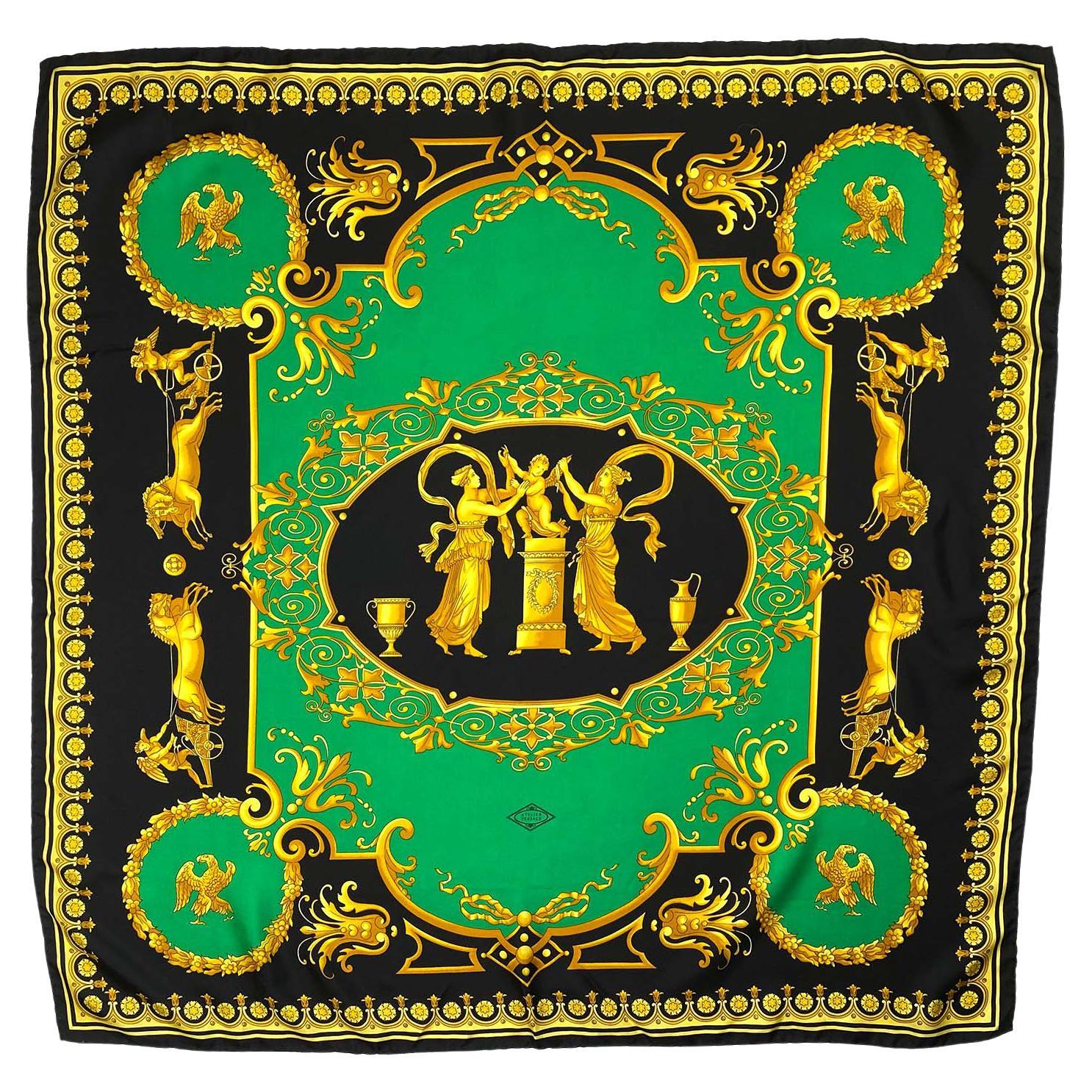 Early 1990s Atelier Versace Green and Gold Baroque Print Square Silk Scarf