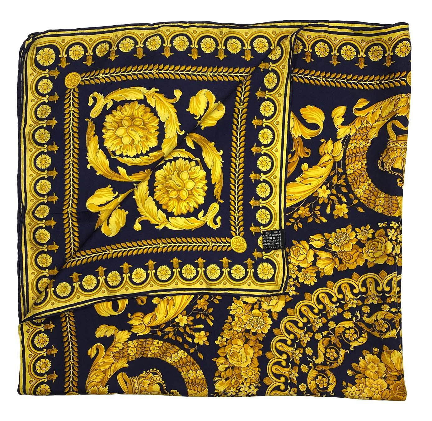 Early 1990s Atelier Versace Navy Gold Baroque Print Silk Square Scarf ...