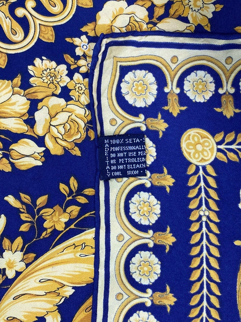 GIANNI VERSACE silk scarf Baroque print size 34" from 1992 royal blue  & gold