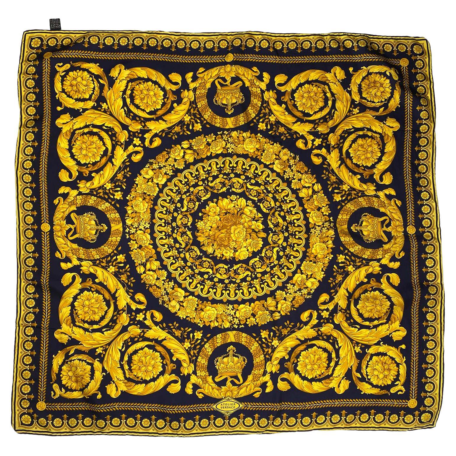 Early 1990s Atelier Versace Navy Gold Baroque Print Silk Square Scarf For Sale