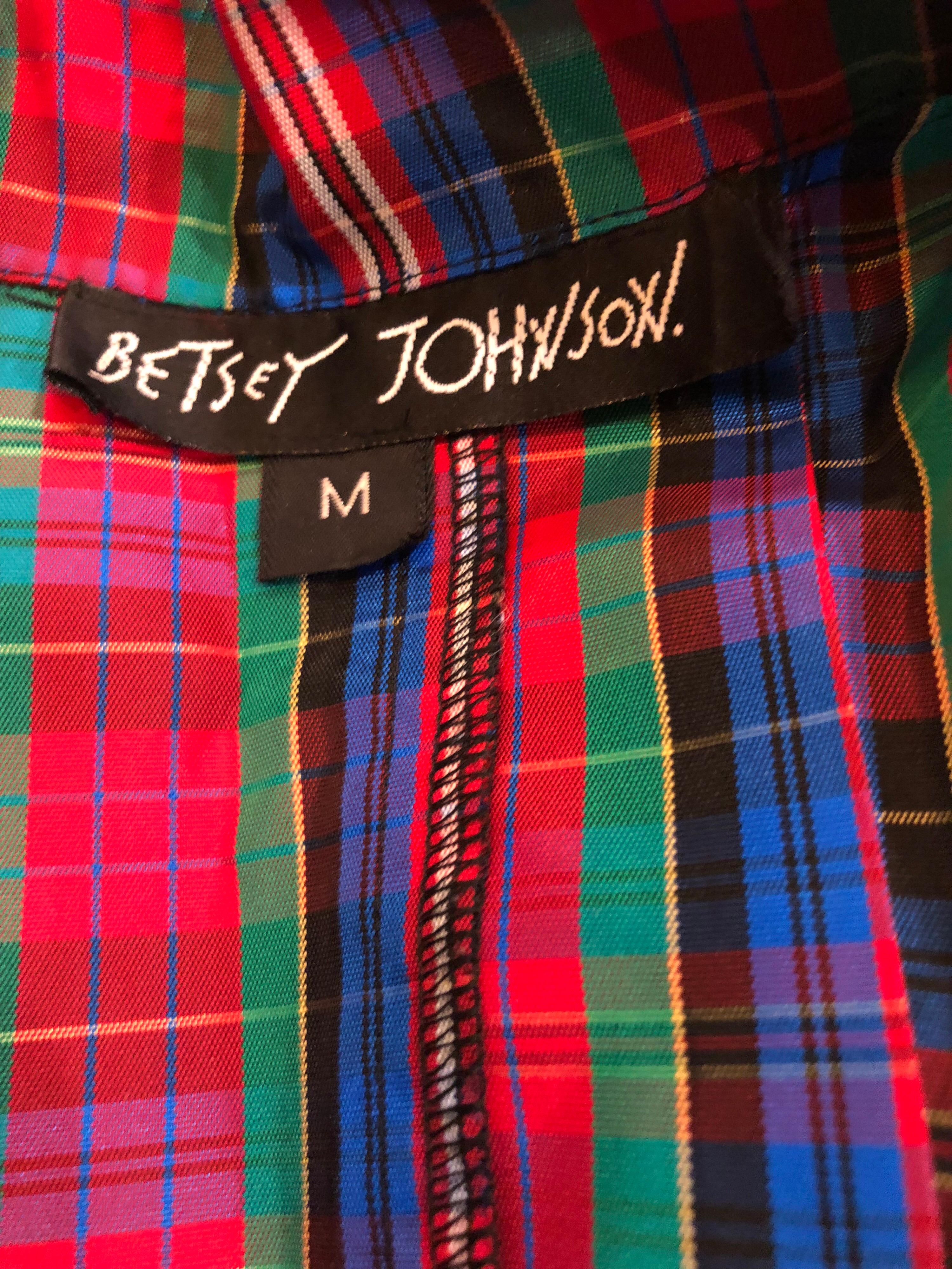 Early 1990s Betsey Johnson Red Blue Green Taffeta Plaid Vintage Cropped Jacket For Sale 6