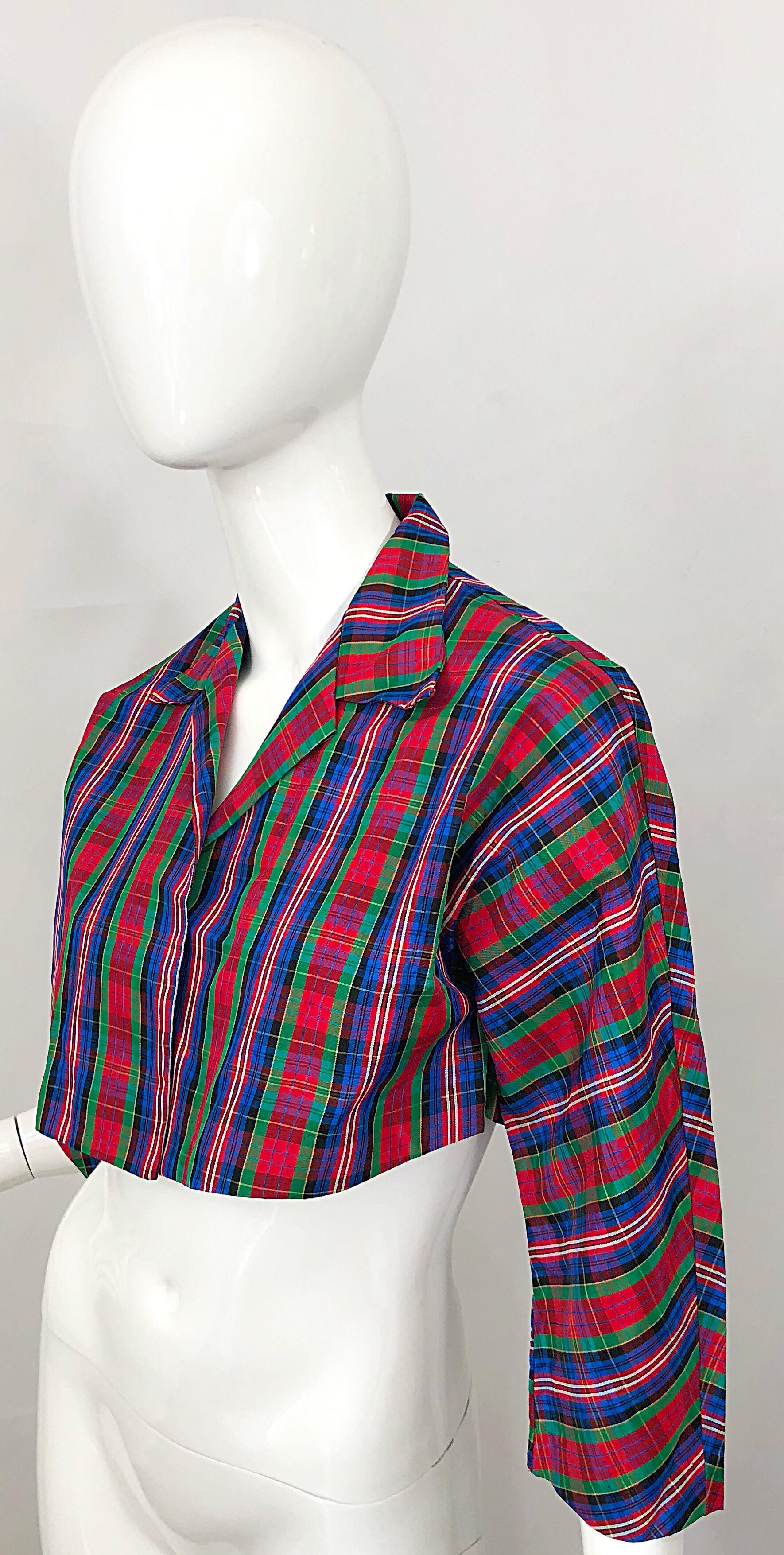Purple Early 1990s Betsey Johnson Red Blue Green Taffeta Plaid Vintage Cropped Jacket For Sale