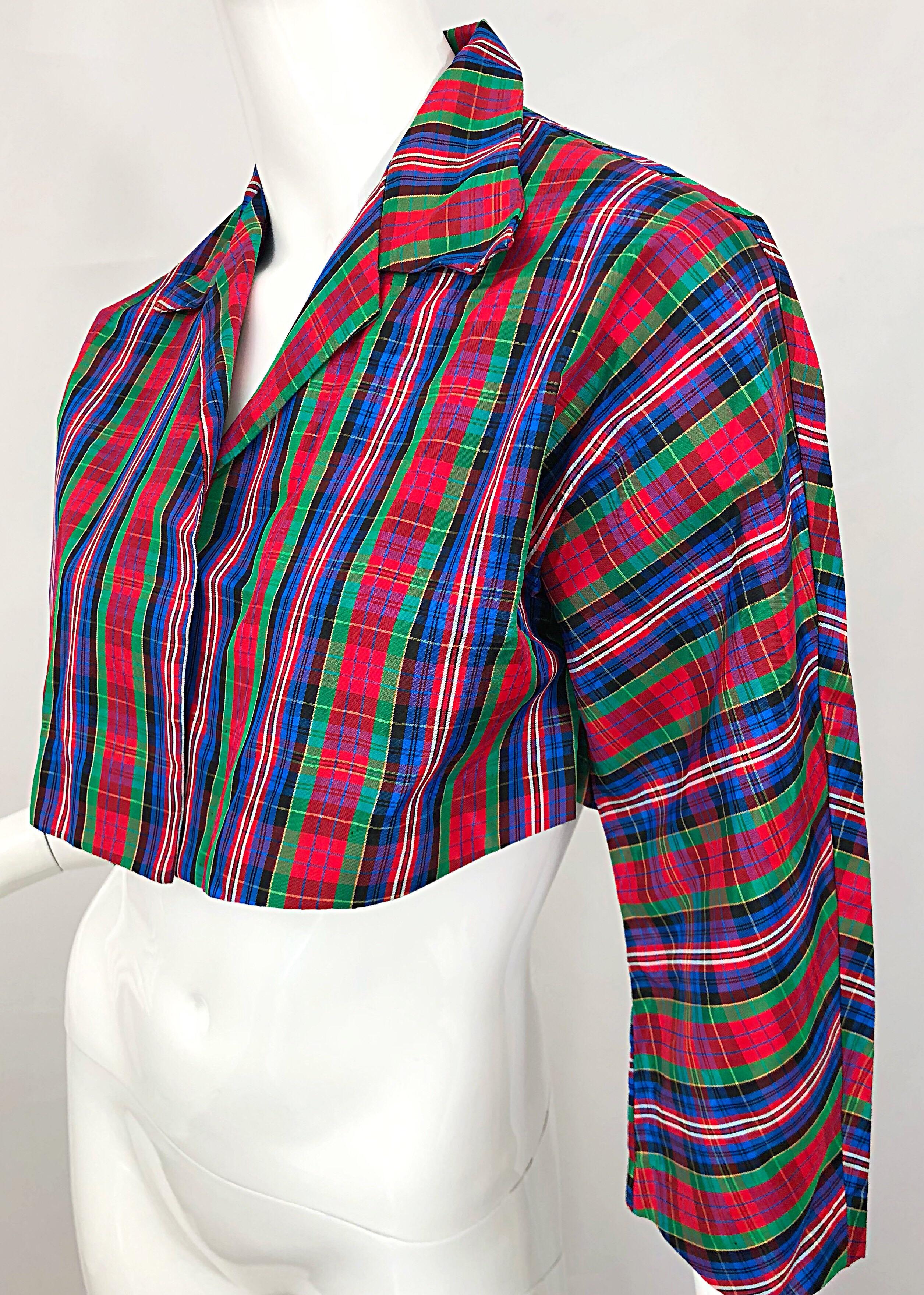 Women's Early 1990s Betsey Johnson Red Blue Green Taffeta Plaid Vintage Cropped Jacket For Sale