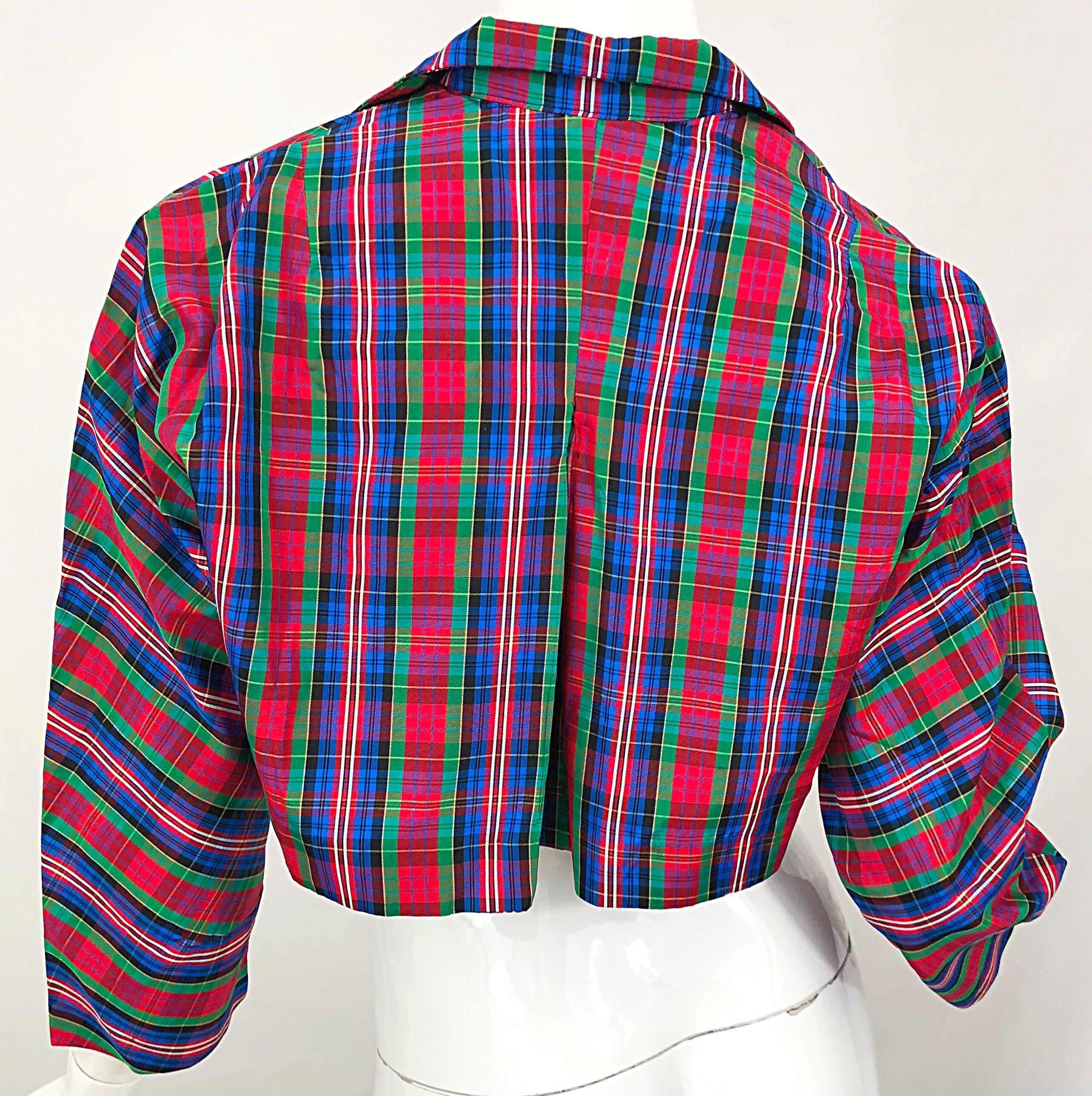 Early 1990s Betsey Johnson Red Blue Green Taffeta Plaid Vintage Cropped Jacket For Sale 1