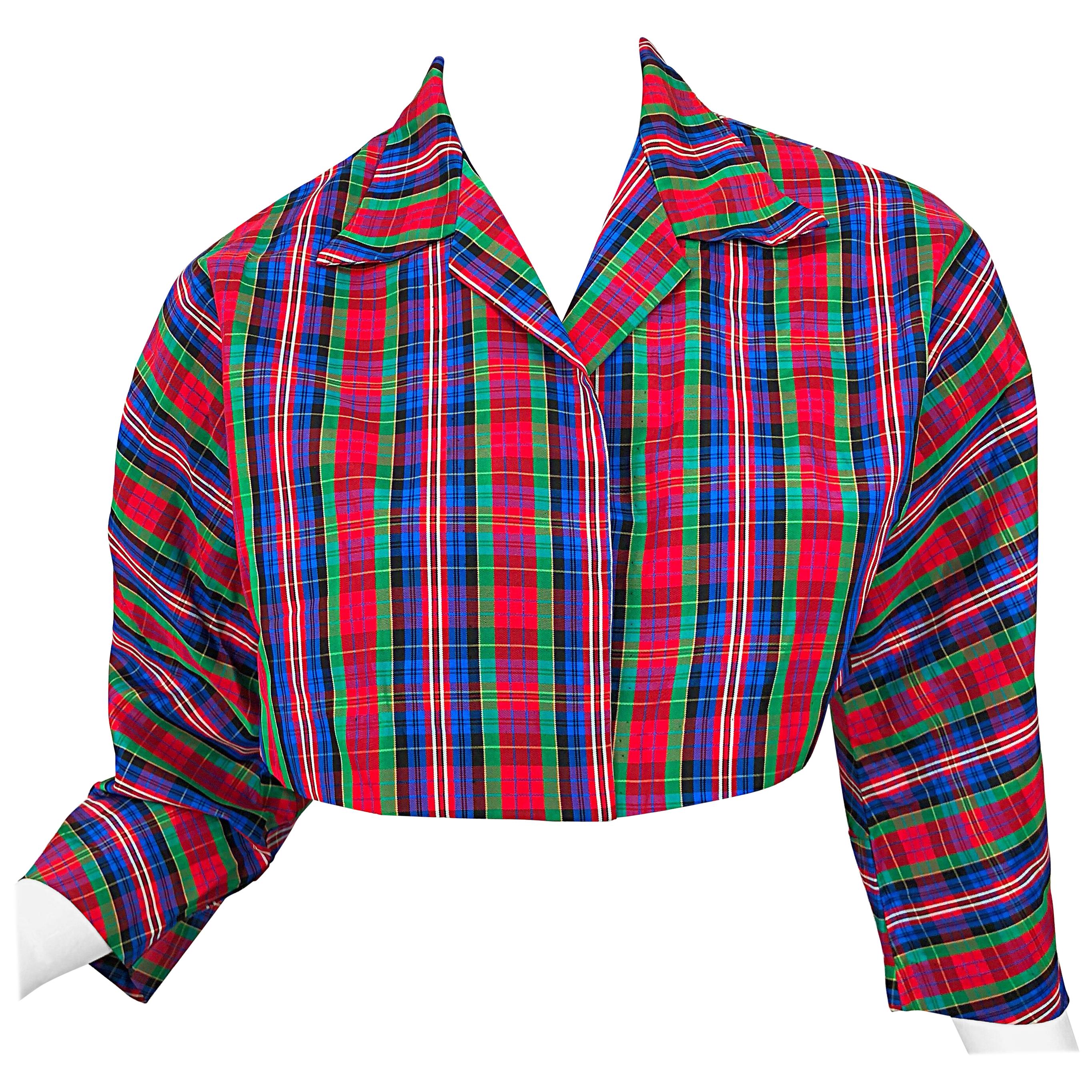 Early 1990s Betsey Johnson Red Blue Green Taffeta Plaid Vintage Cropped Jacket For Sale