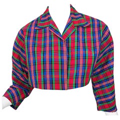 Early 1990s Betsey Johnson Red Blue Green Taffeta Plaid Vintage Cropped Jacket