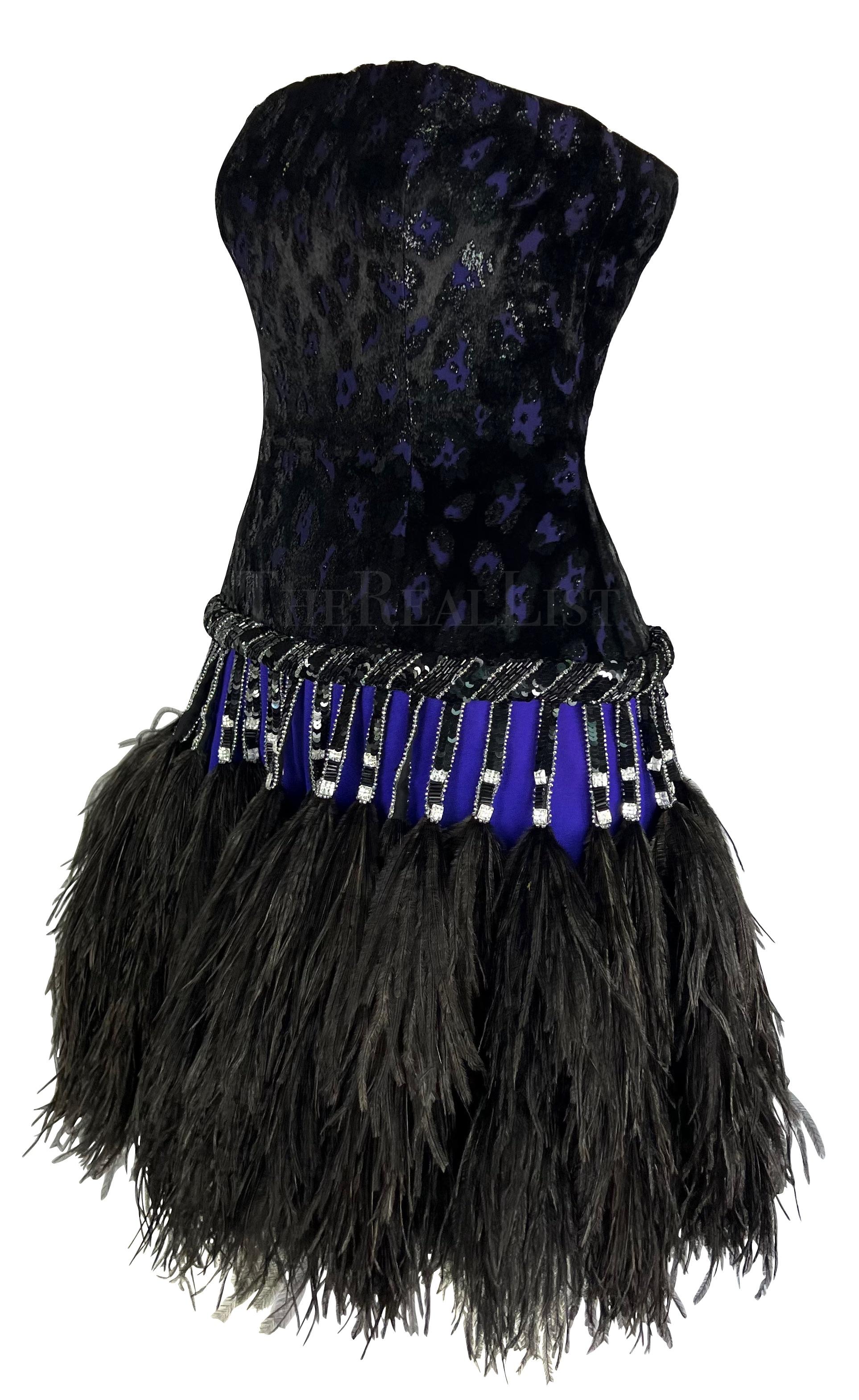 Early 1990s Bob Mackie Black Rhinestone Beaded Purple Ostrich Feather Mini Dress In Good Condition For Sale In West Hollywood, CA
