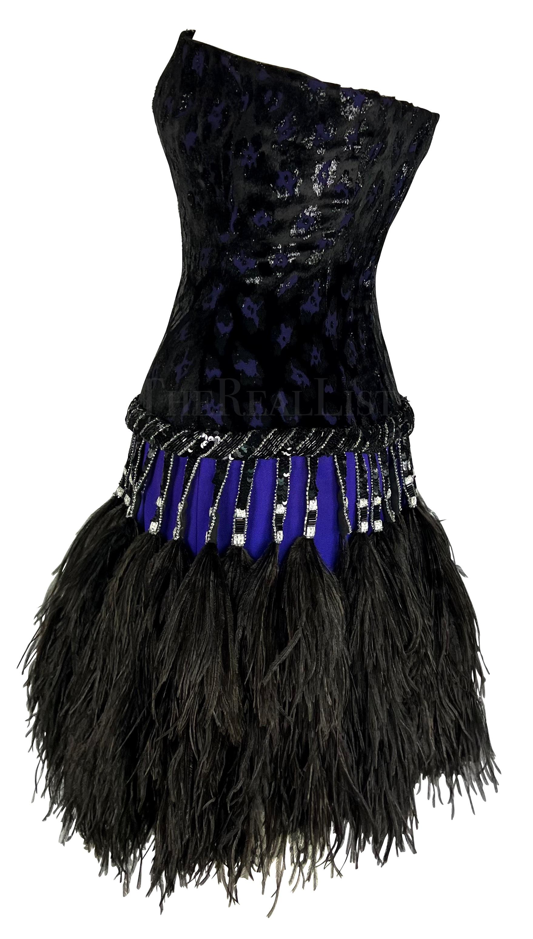 Women's Early 1990s Bob Mackie Black Rhinestone Beaded Purple Ostrich Feather Mini Dress For Sale
