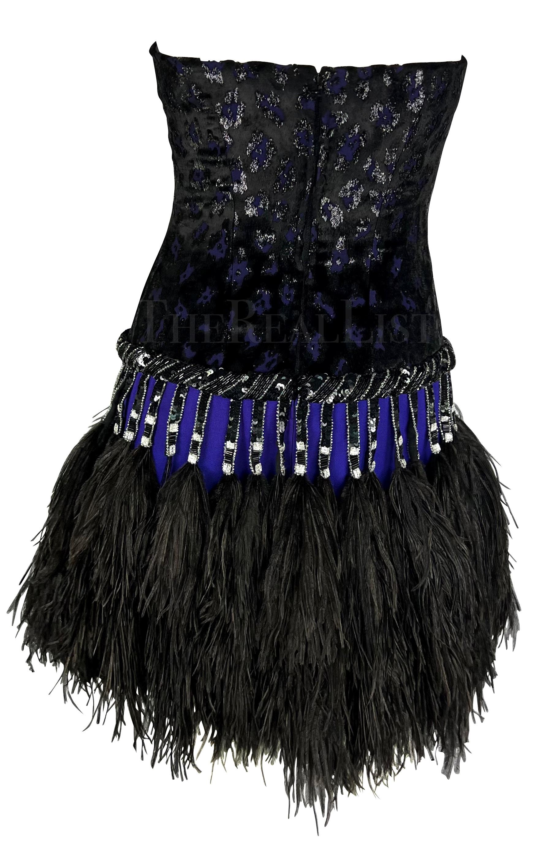 Early 1990s Bob Mackie Black Rhinestone Beaded Purple Ostrich Feather Mini Dress For Sale 1