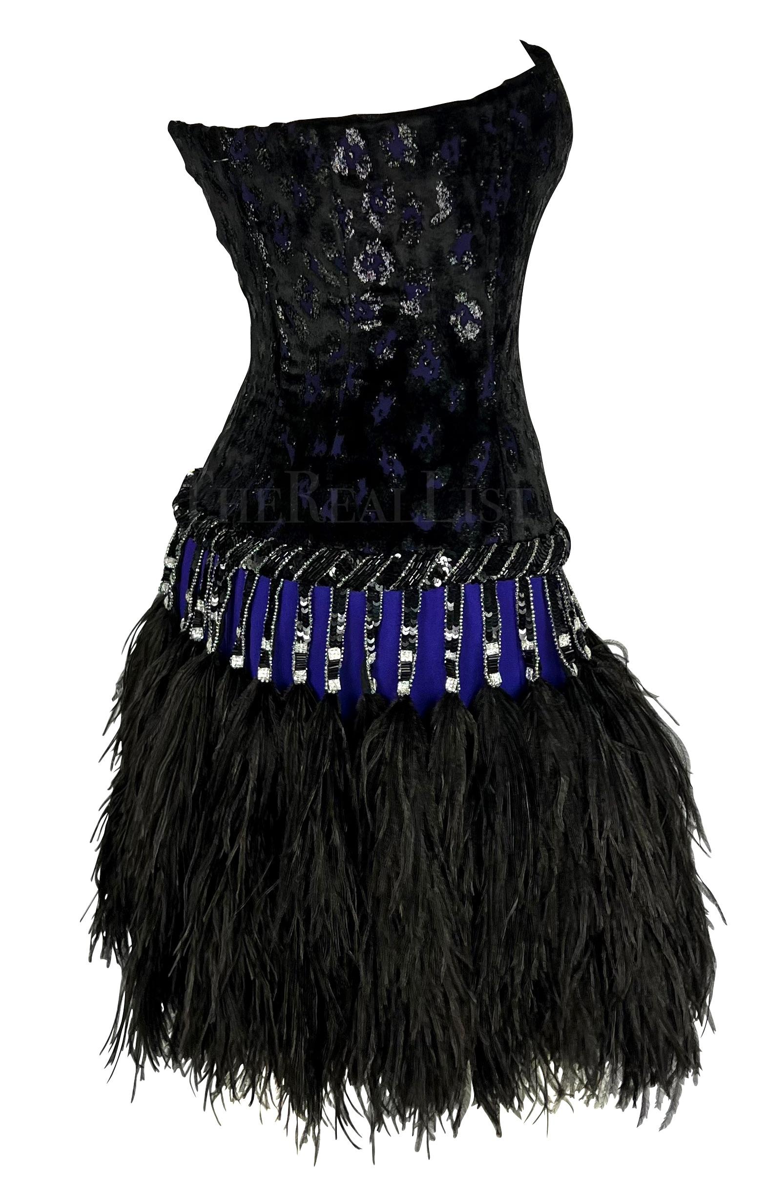 Early 1990s Bob Mackie Black Rhinestone Beaded Purple Ostrich Feather Mini Dress For Sale 2