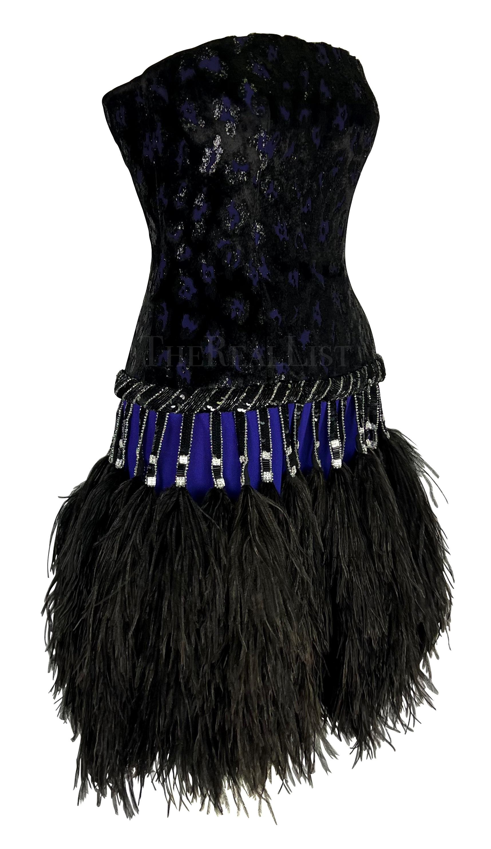 Early 1990s Bob Mackie Black Rhinestone Beaded Purple Ostrich Feather Mini Dress For Sale 3
