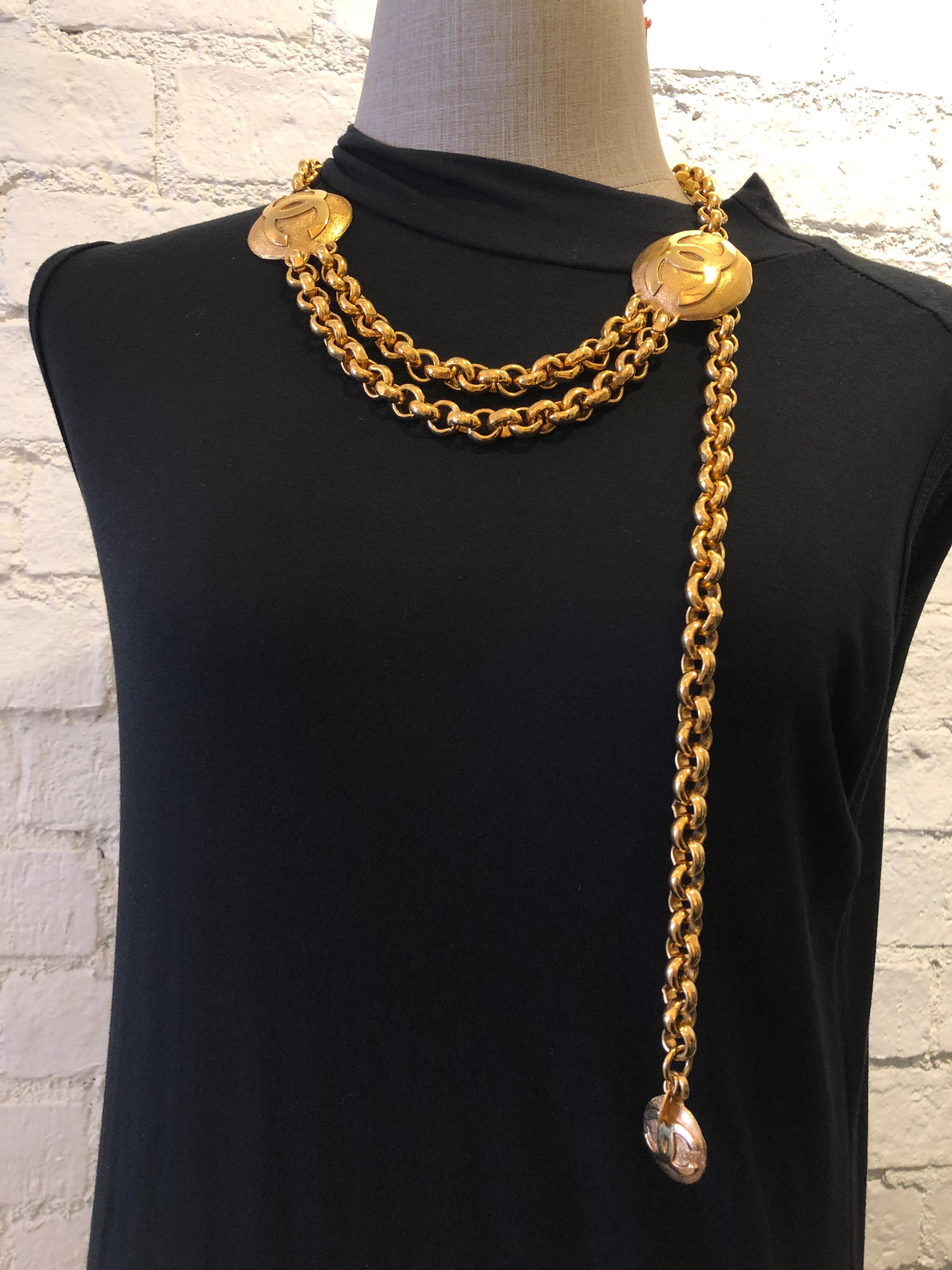 Women's Early 1990s Chanel Gold Toned Medallion Chain Belt 