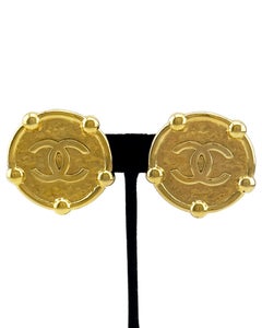 Early 1990's Chanel Jumbo Gilt Metal Round Clip-on Earrings