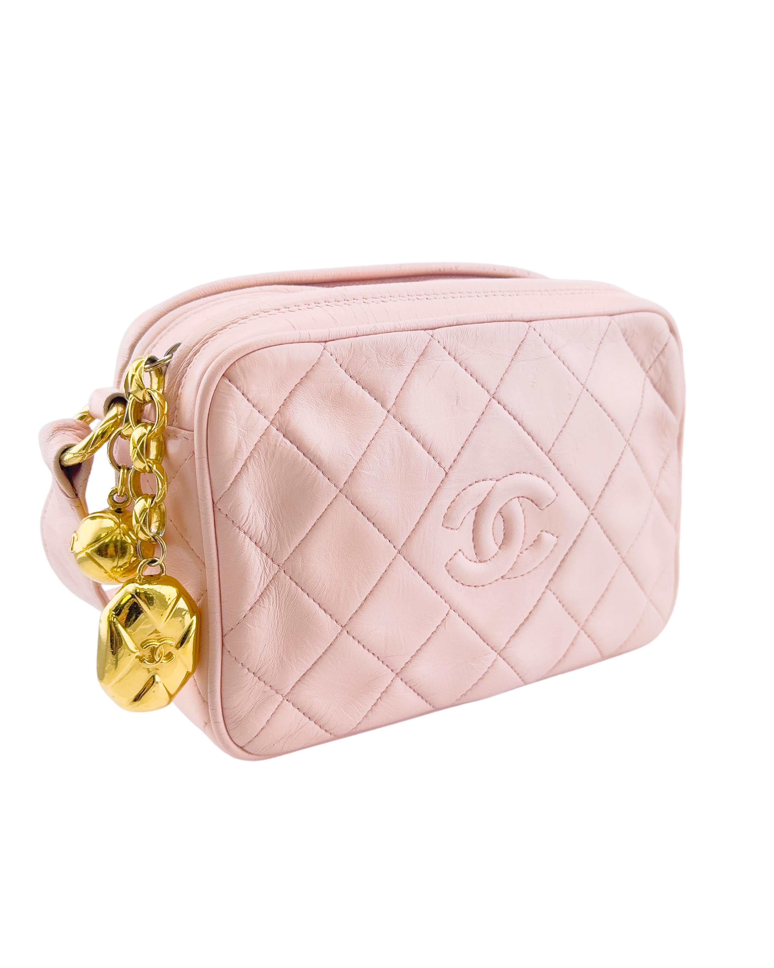 Beige Early 1990s Chanel Pink Quilted Mini Camera Bag For Sale