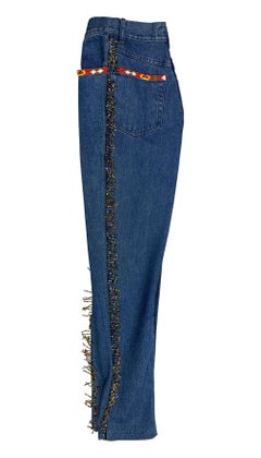 Early 1990s Dolce & Gabbana Western Beaded Fringe Blue Denim Jeans