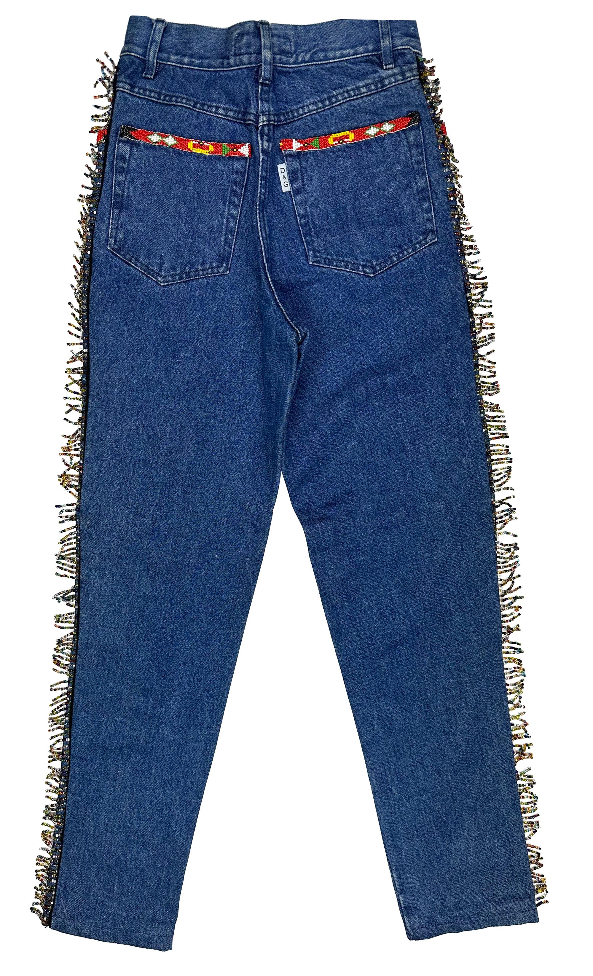Early 1990s Dolce & Gabbana Western Beaded Fringe Blue Denim Jeans In Good Condition For Sale In West Hollywood, CA