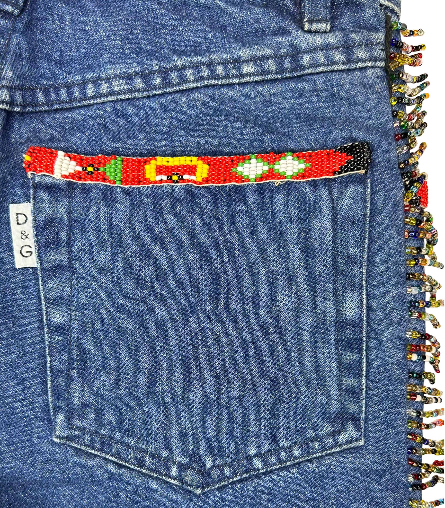 Women's Early 1990s Dolce & Gabbana Western Beaded Fringe Blue Denim Jeans For Sale